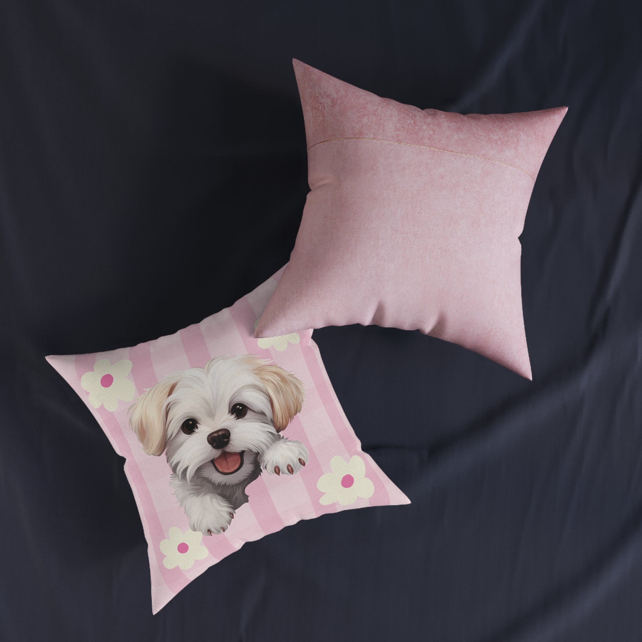Maltese Dog Throw Pillow — Floral Pink Faux Suede | Dog Lover Home Decor