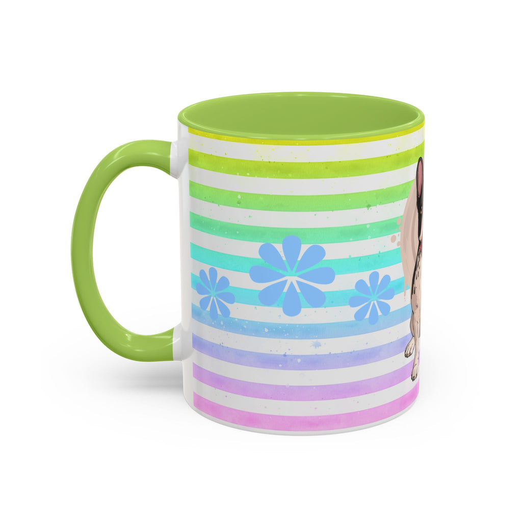 French Bulldog Coffee Mug — Cute Black & White Pup on Rainbow Stripes (Accent Mug 11/15oz)