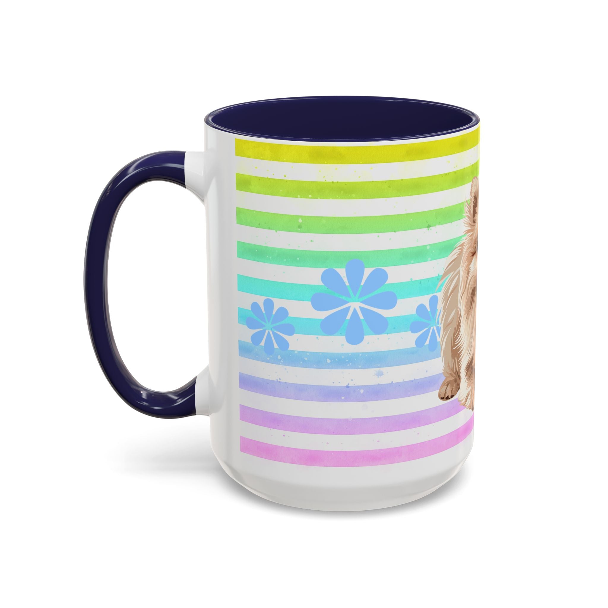 Pomeranian Dog Coffee Mug — Cute Fluffy Pup on Rainbow Stripes (Accent Mug 11/15oz)