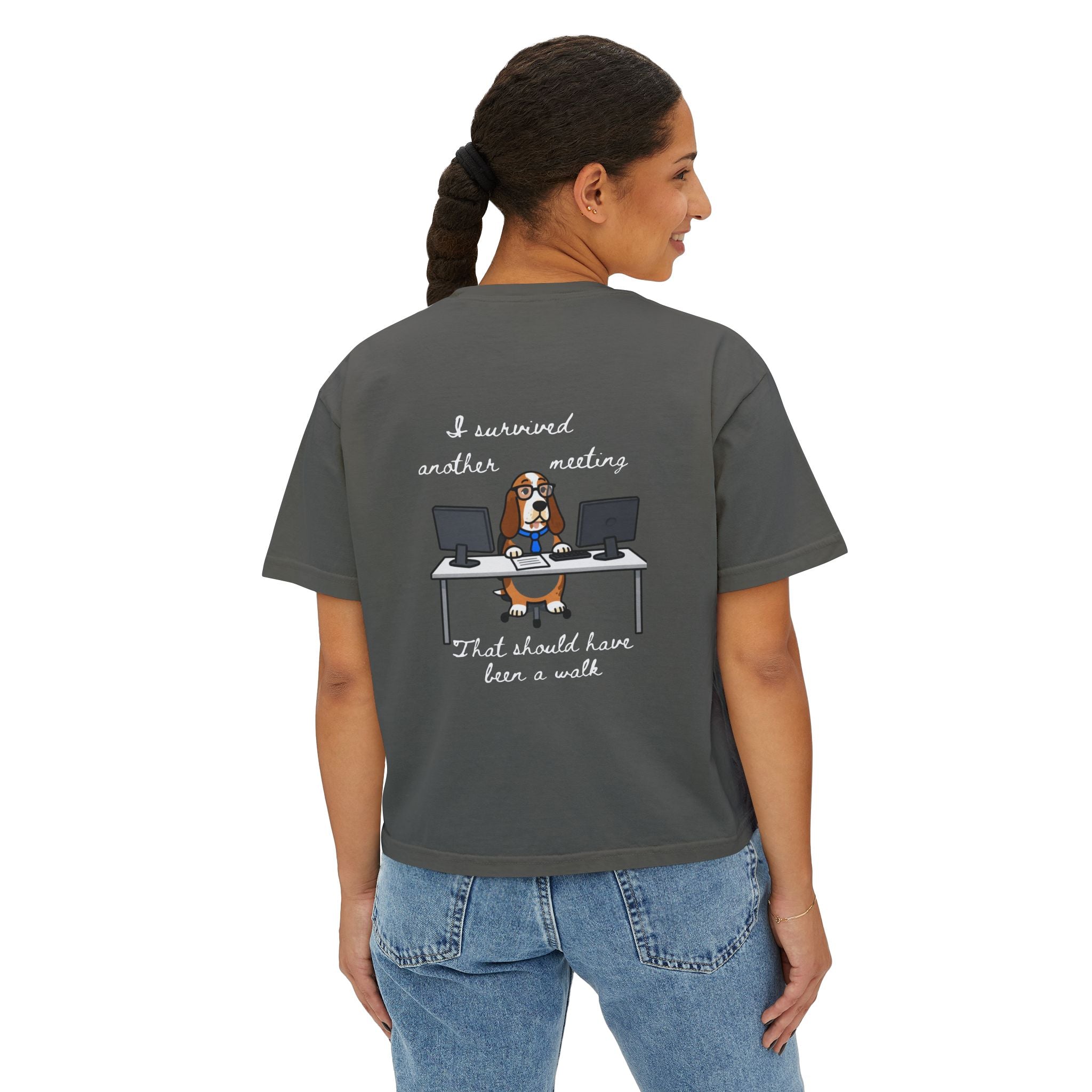 "I Survived Another Meeting That Should Have Been a Walk" | Dog Graphic Boxy Cropped Tee