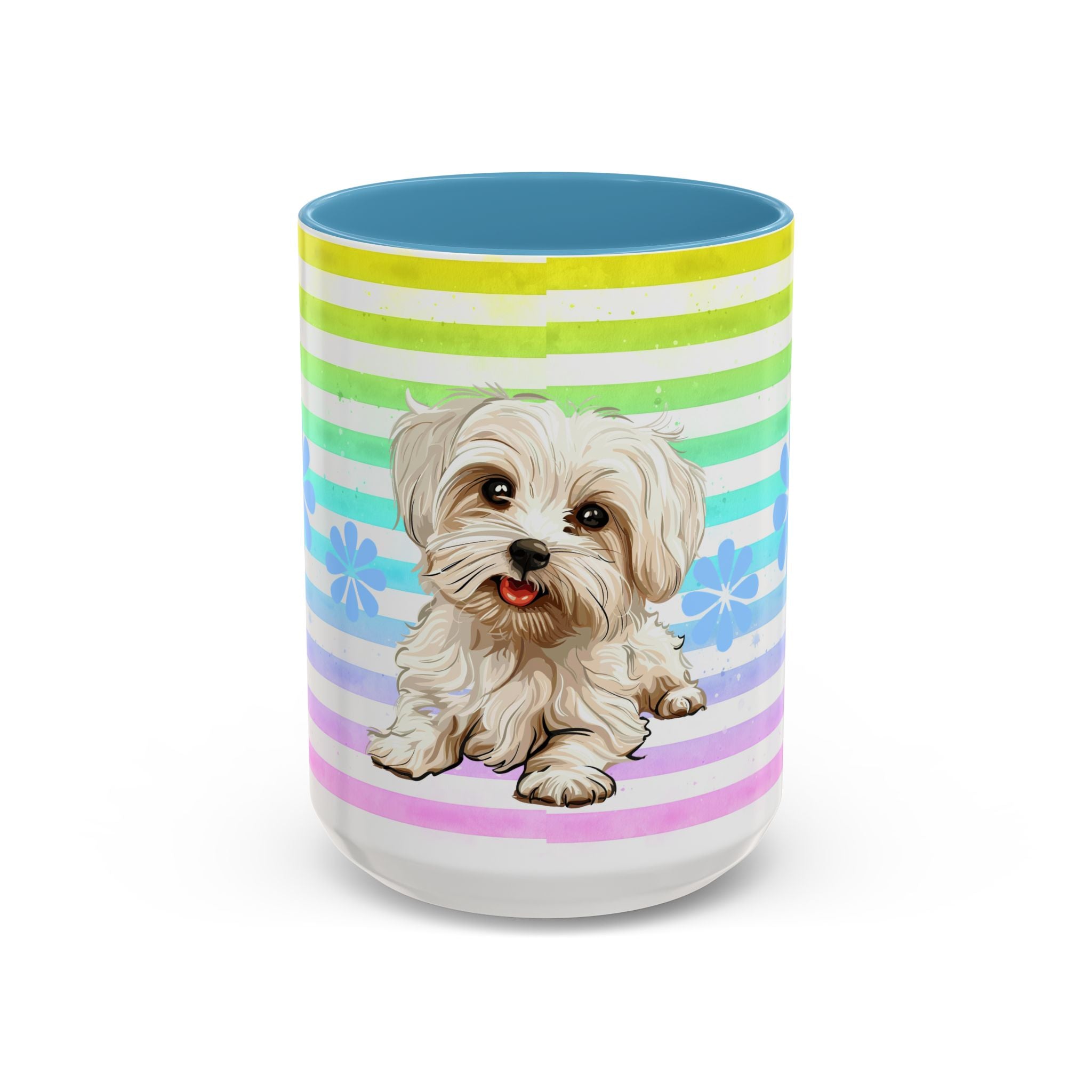 Maltese Dog Coffee Mug — Cute White Pup on Rainbow Stripes