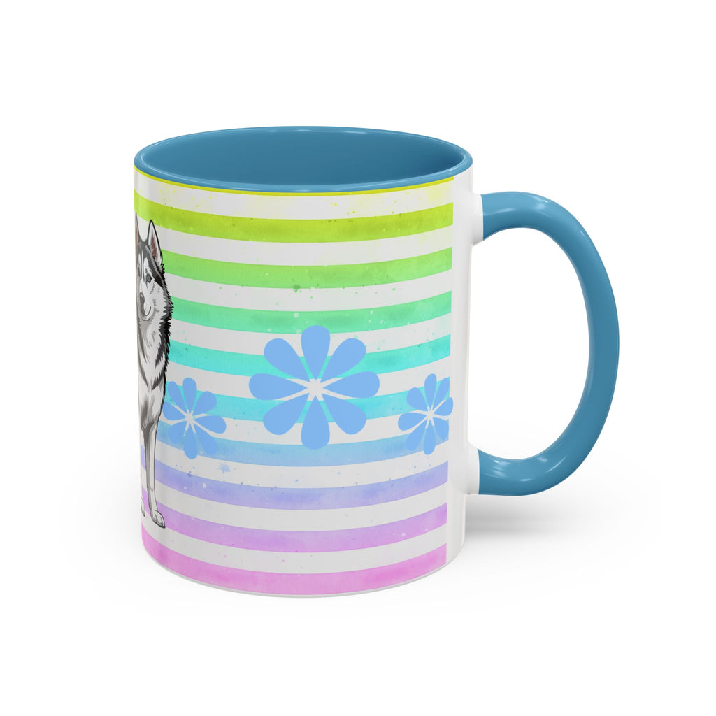 Siberian Husky Coffee Mug — Cute Black & Husky Pup on Rainbow Stripes (Accent Mug 11/15oz)