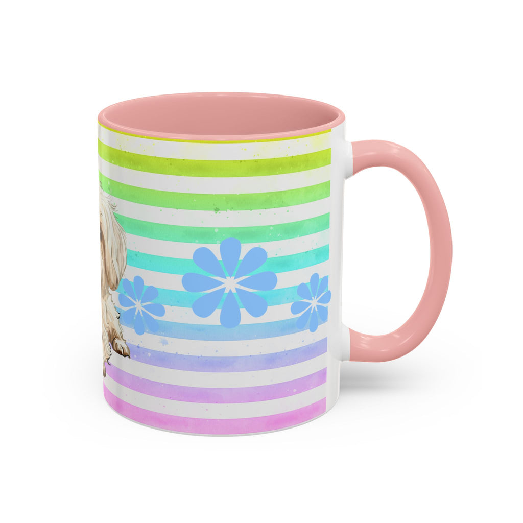 Maltese Dog Coffee Mug — Cute White Pup on Rainbow Stripes