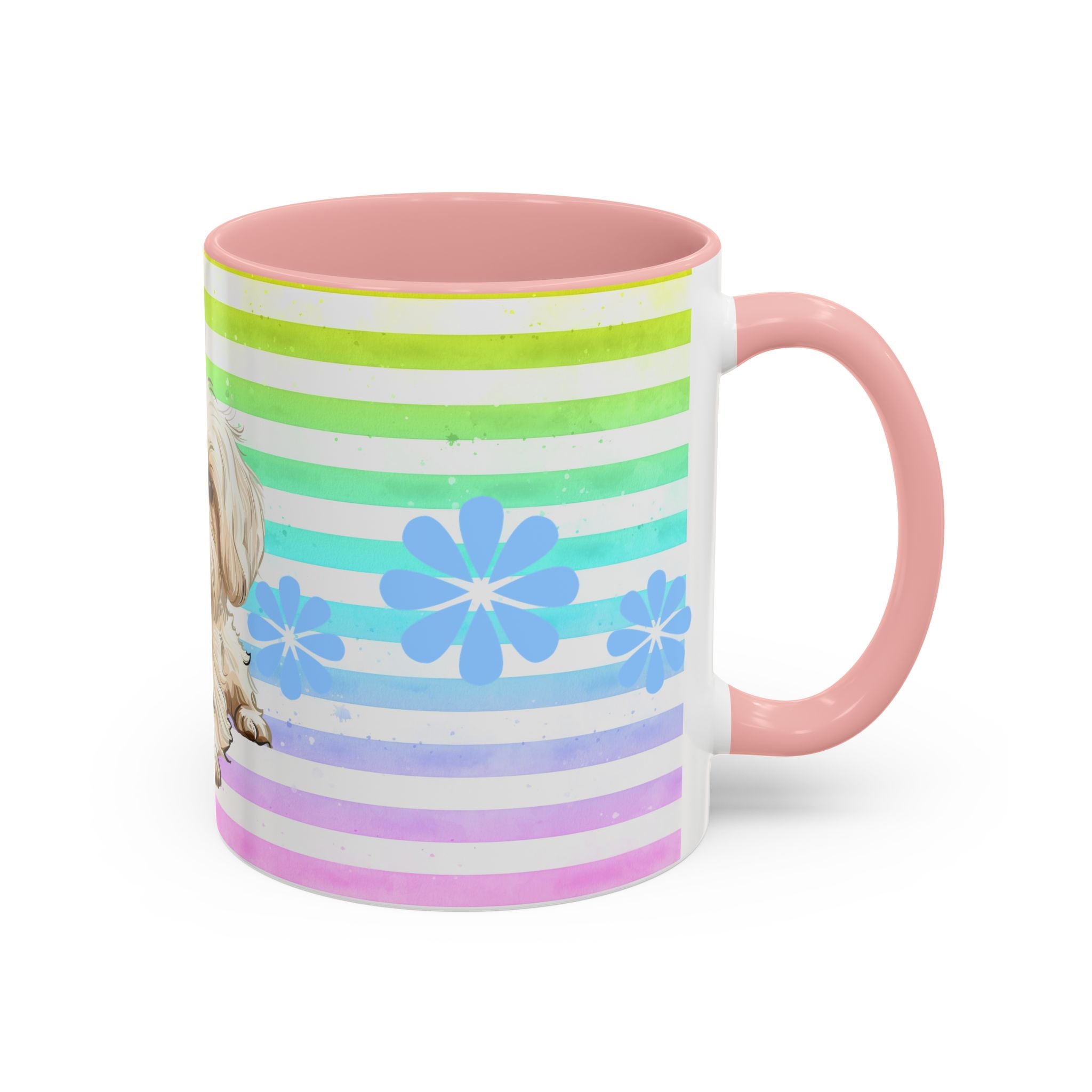 Maltese Dog Coffee Mug — Cute White Pup on Rainbow Stripes