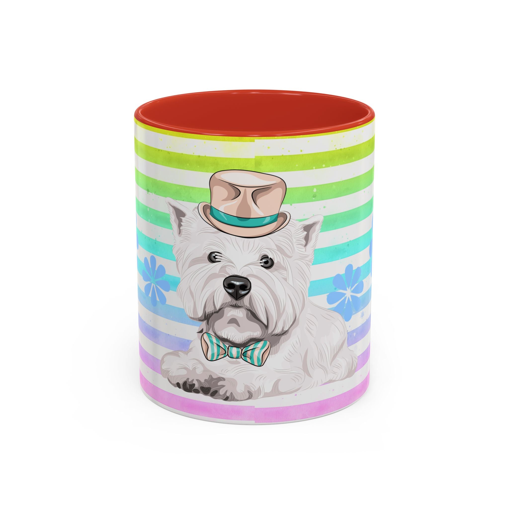West Highland Terrier Coffee Mug — Cute White Pup on Rainbow Stripes (Accent Mug 11/15oz)