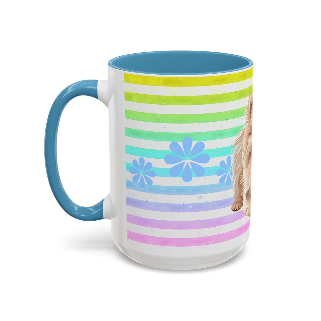 Pomeranian Dog Coffee Mug — Cute Fluffy Pup on Rainbow Stripes (Accent Mug 11/15oz)