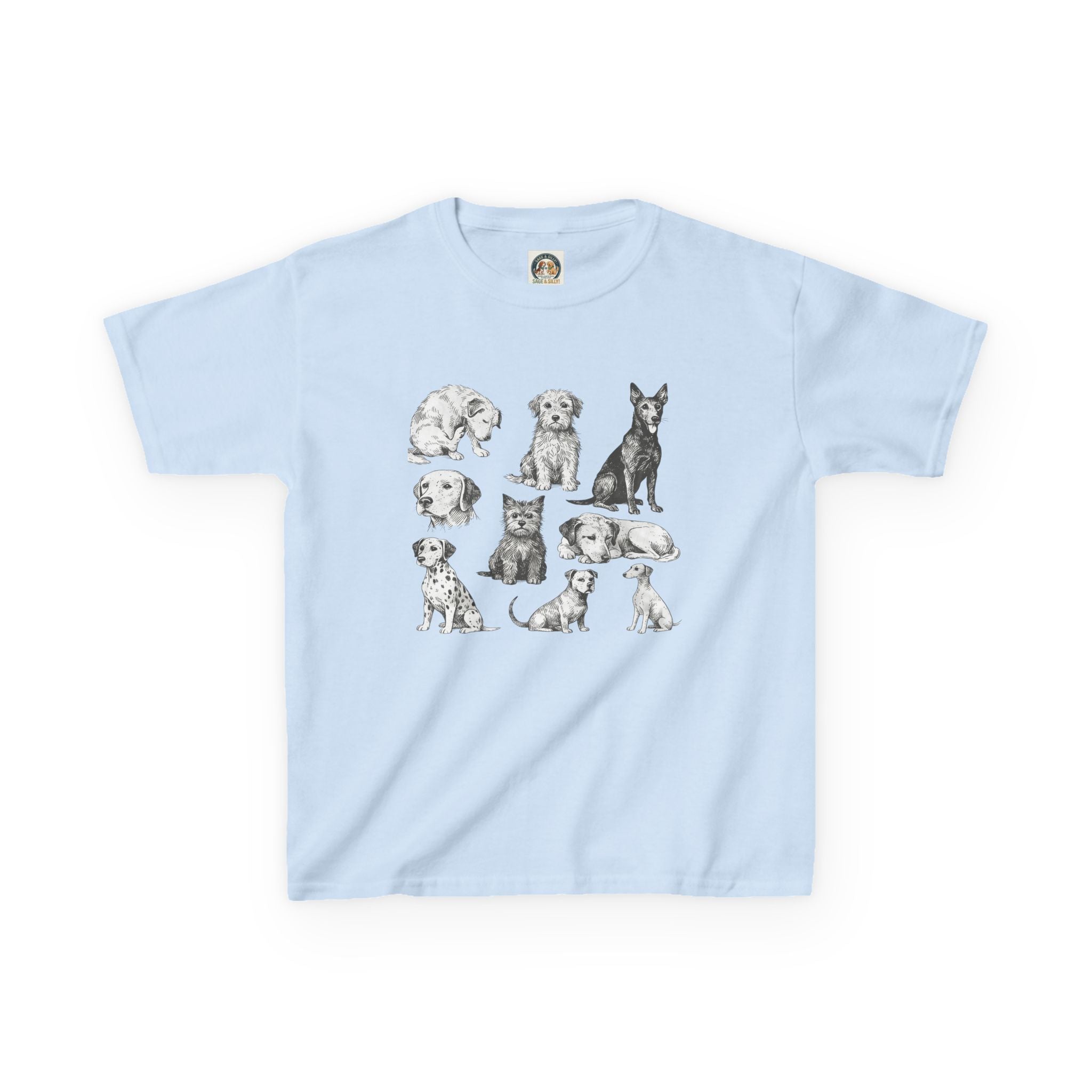 Kids Dog Breeds Sketch Tee — Cute Puppy Illustration Shirt for Boys & Girls