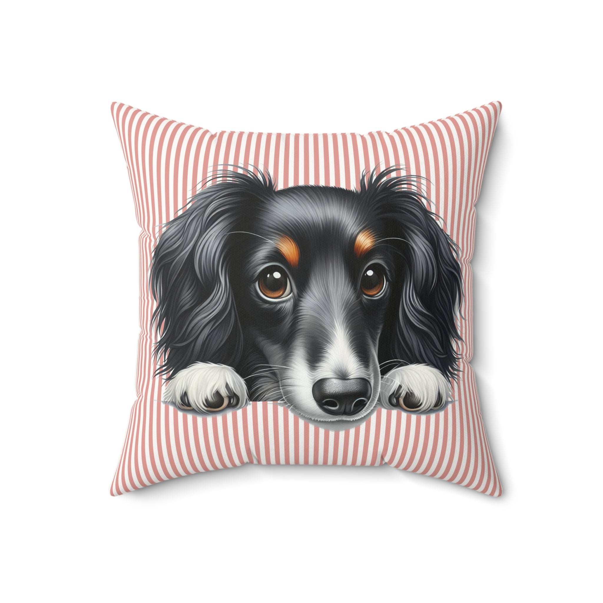 Dachshund Throw Pillow — Peeking Dog Portrait on Stripes | Faux Suede Dog Lover Gift