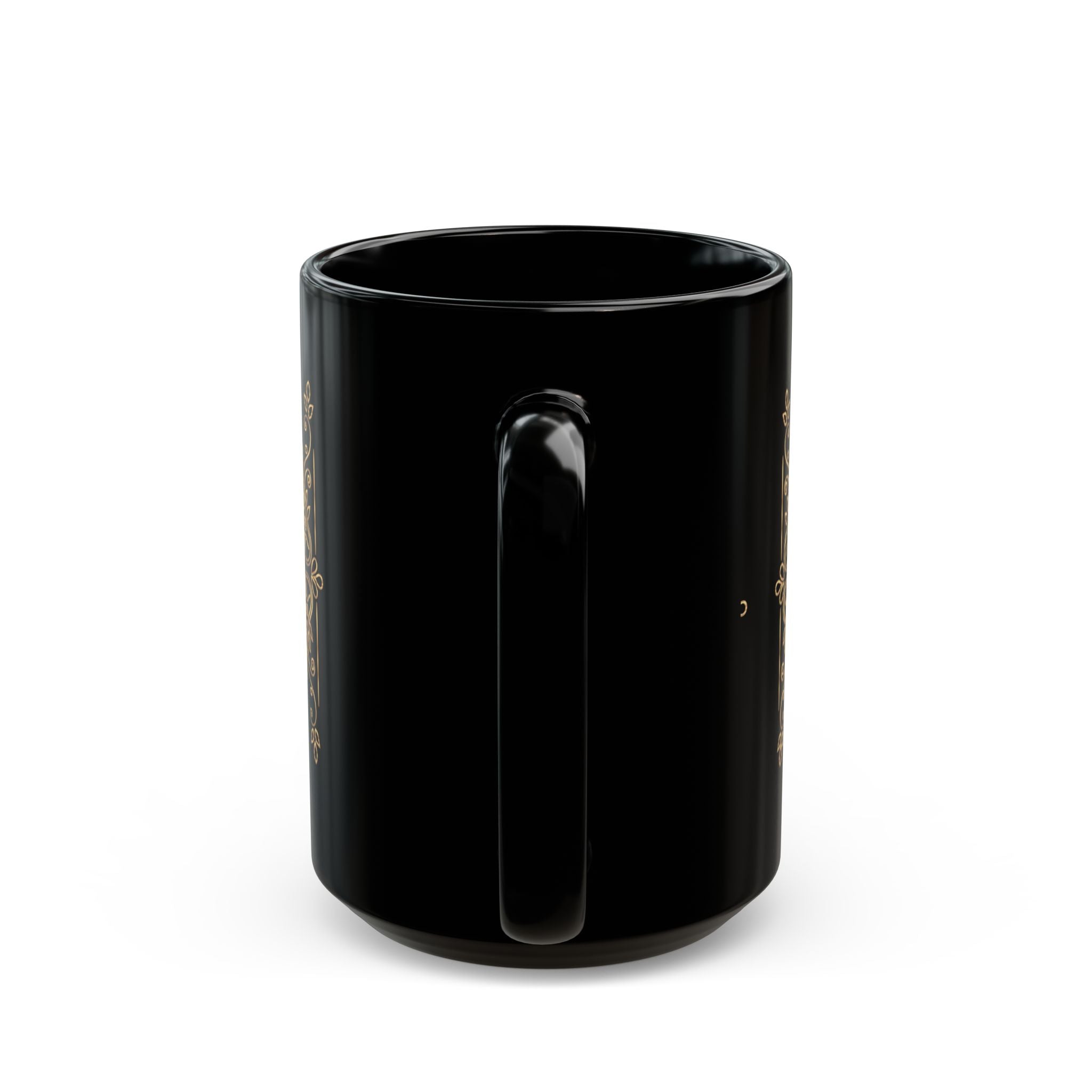 Pug Portrait Black Mug (11oz/15oz) — Regal Pug with Ornamental Accent