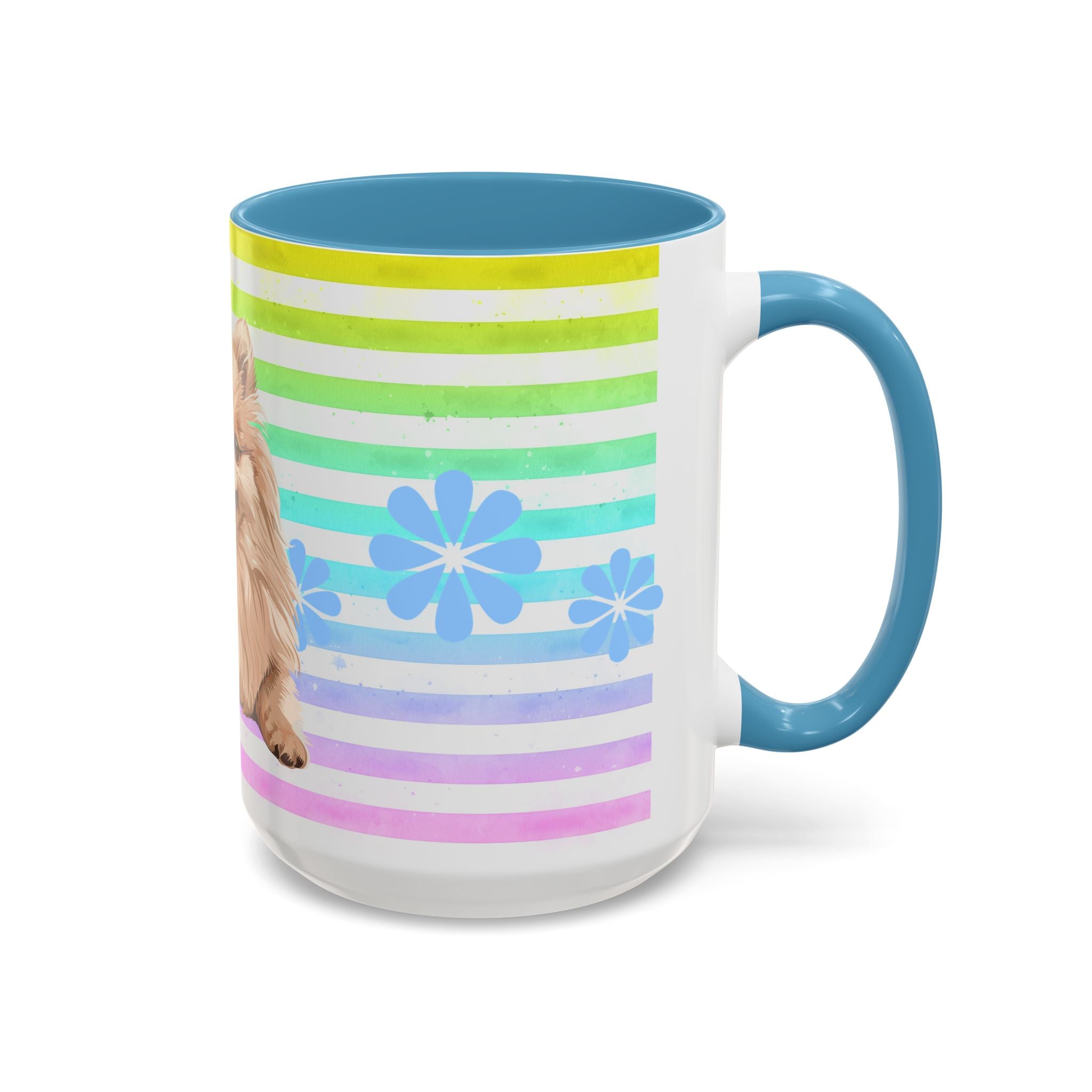Pomeranian Dog Coffee Mug — Cute Fluffy Pup on Rainbow Stripes (Accent Mug 11/15oz)