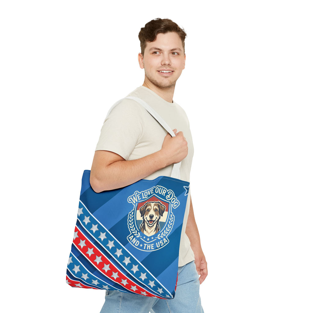 Patriotic Dog Tote Bag — "We Love Our Dog and the USA" AOP Tote
