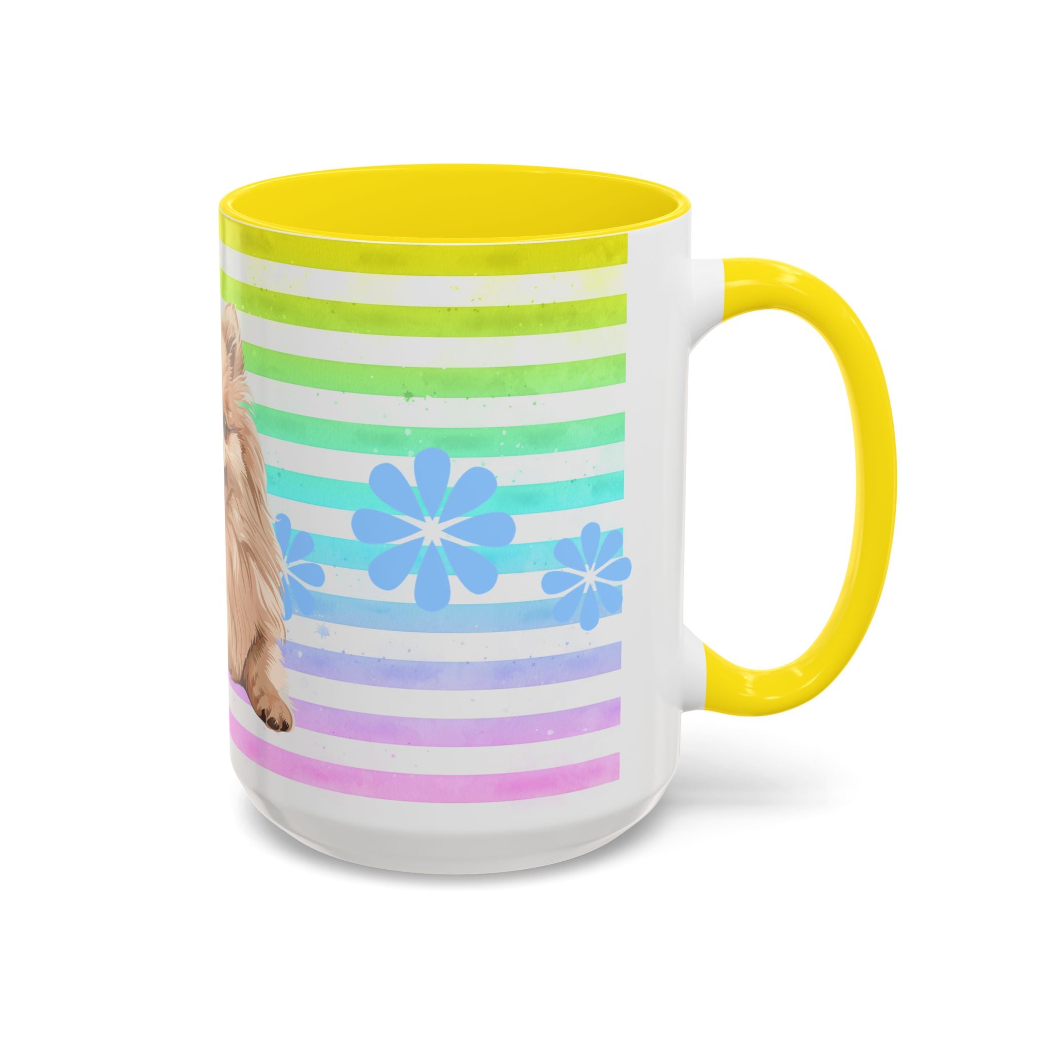 Pomeranian Dog Coffee Mug — Cute Fluffy Pup on Rainbow Stripes (Accent Mug 11/15oz)