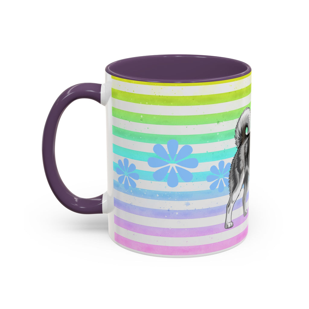 Siberian Husky Coffee Mug — Cute Black & Husky Pup on Rainbow Stripes (Accent Mug 11/15oz)