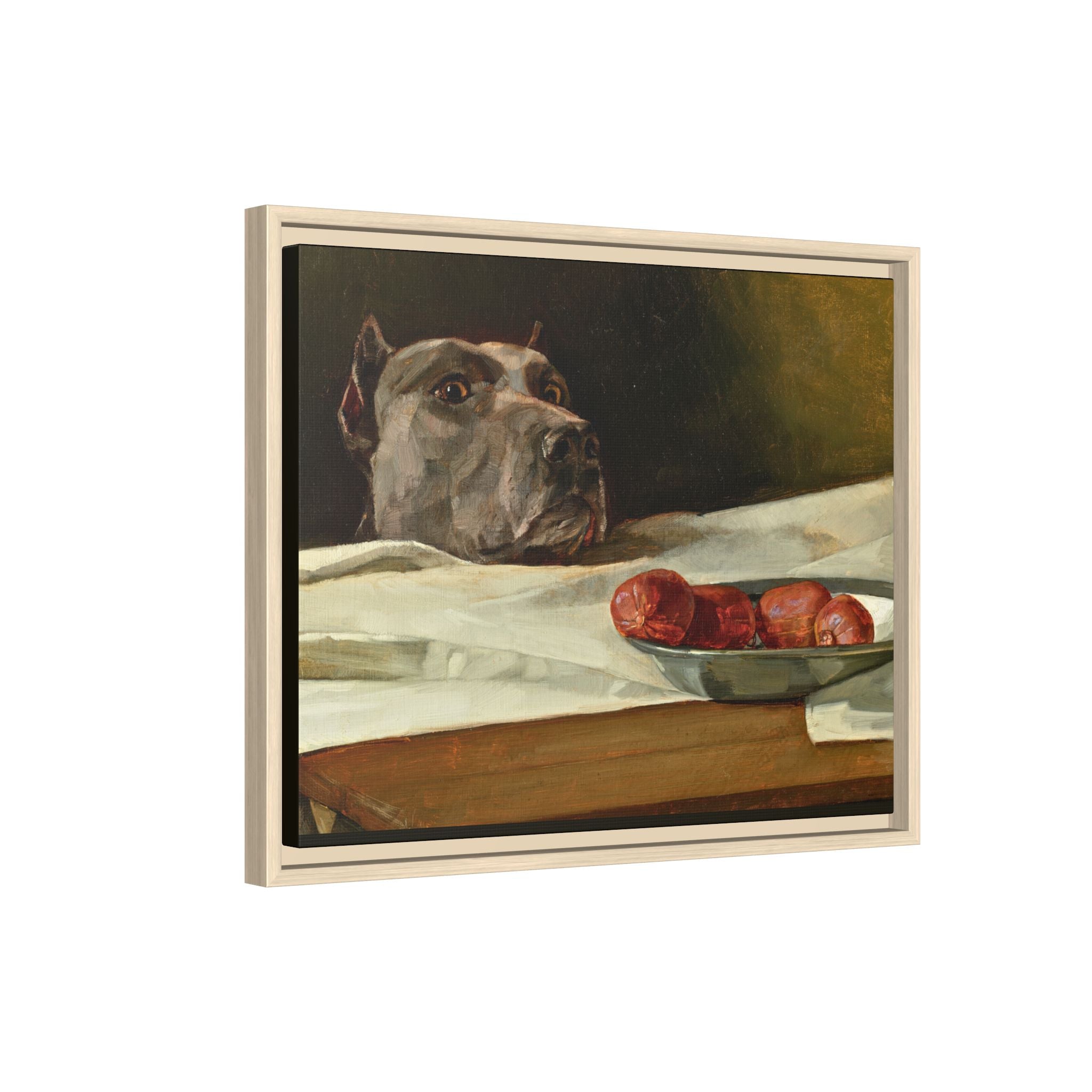 Framed Matte Canvas Print — Great Dane Dog & The Sausage Still Life Wall Art
