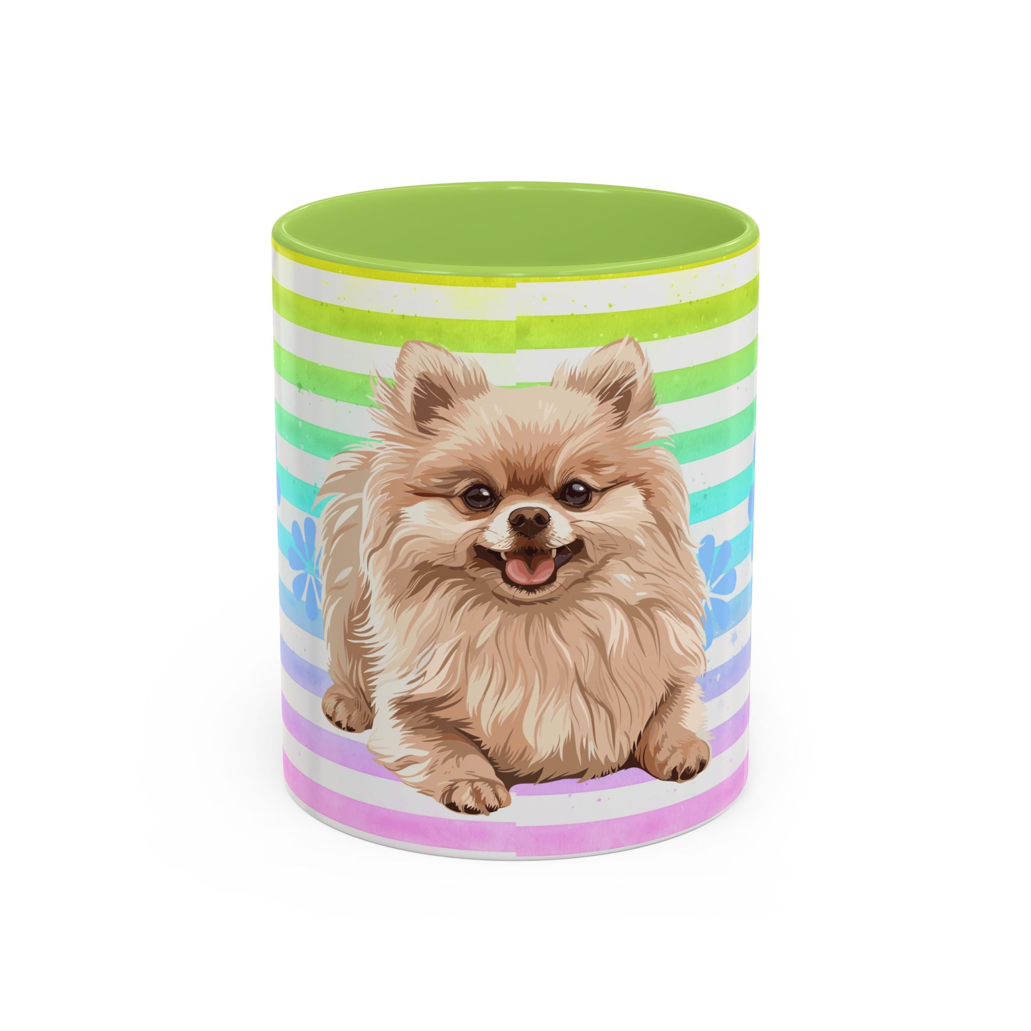 Pomeranian Dog Coffee Mug — Cute Fluffy Pup on Rainbow Stripes (Accent Mug 11/15oz)
