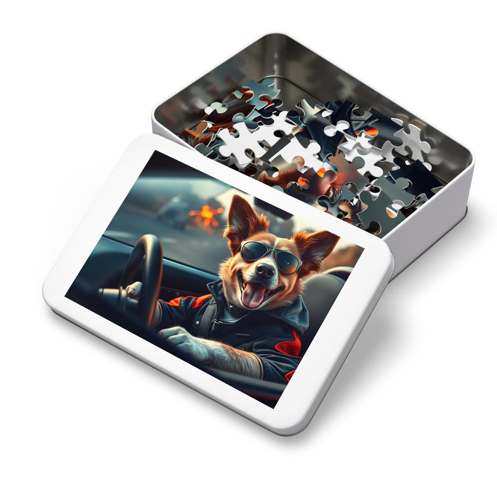 Corgi Driving Jigsaw Puzzle with Tin — Funny Dog Behind the Wheel | Dog Lover Gift