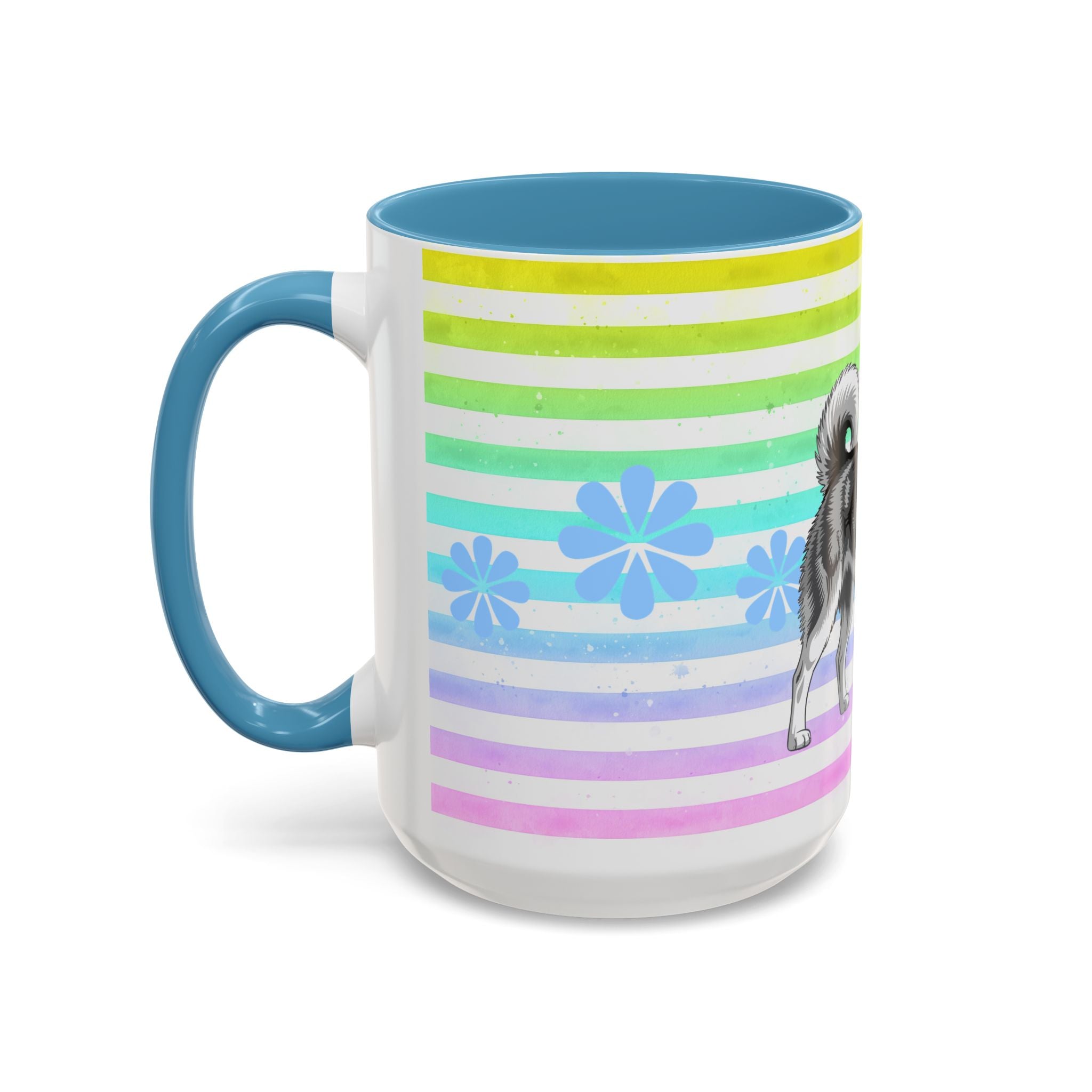 Siberian Husky Coffee Mug — Cute Black & Husky Pup on Rainbow Stripes (Accent Mug 11/15oz)