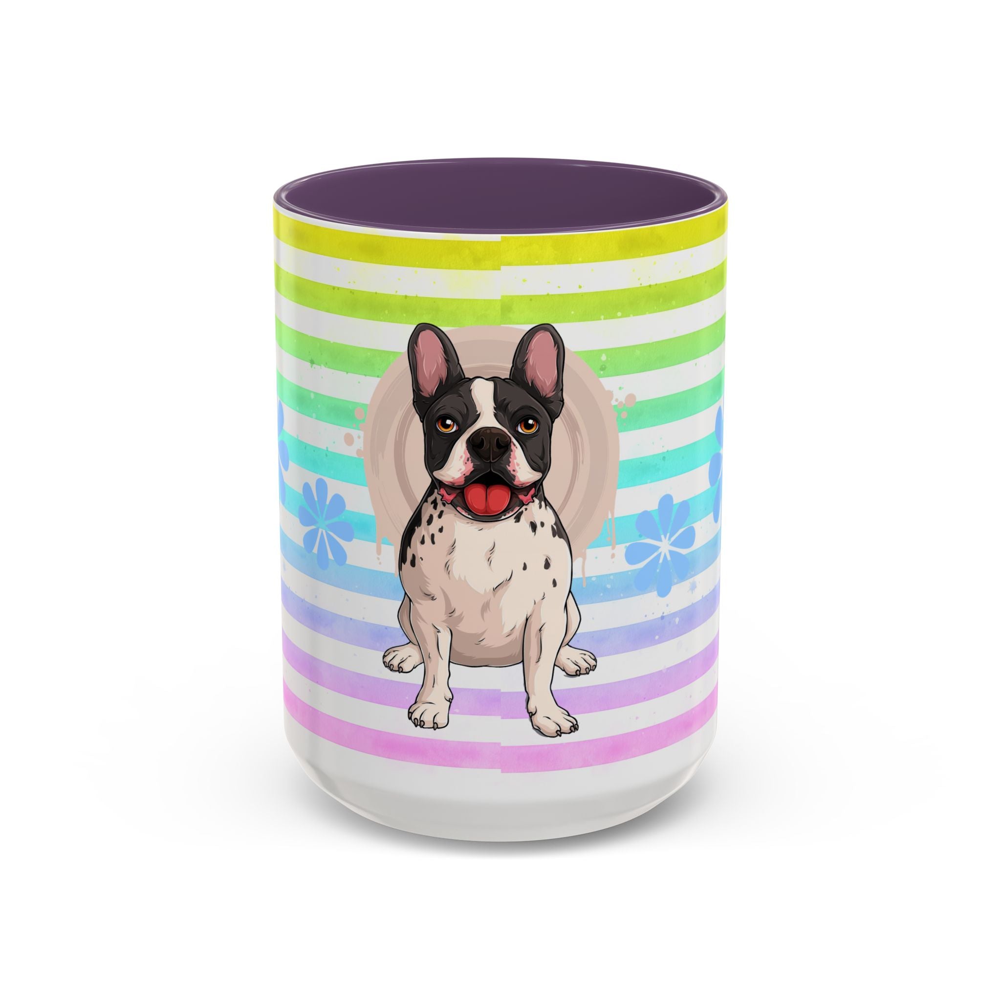 French Bulldog Coffee Mug — Cute Black & White Pup on Rainbow Stripes (Accent Mug 11/15oz)