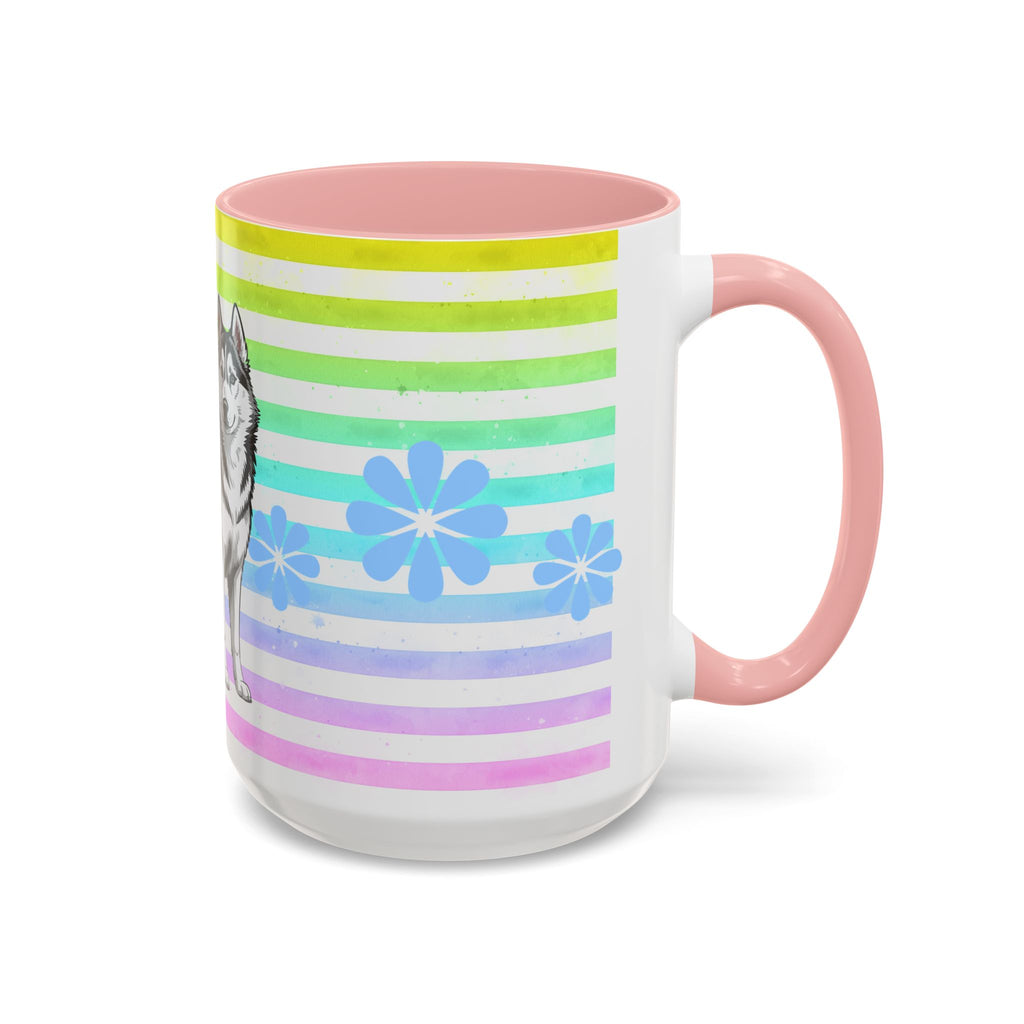 Siberian Husky Coffee Mug — Cute Black & Husky Pup on Rainbow Stripes (Accent Mug 11/15oz)