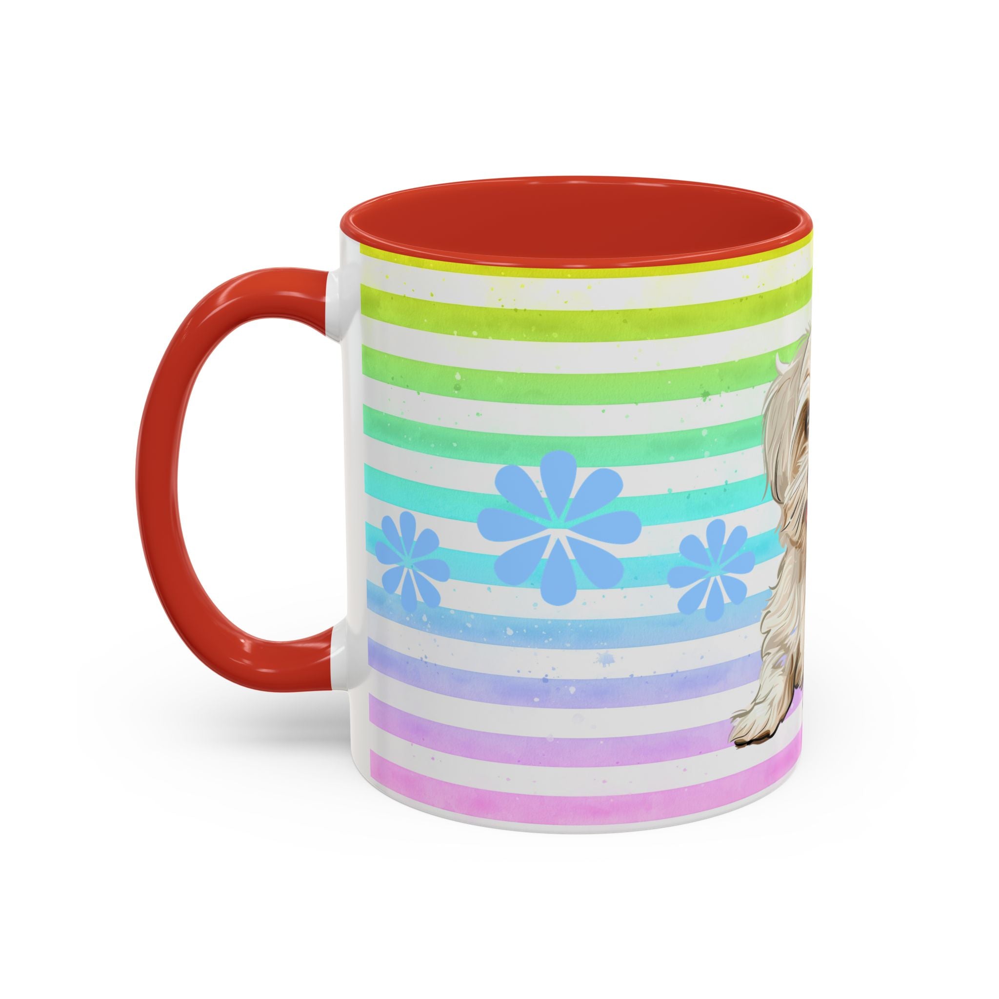 Maltese Dog Coffee Mug — Cute White Pup on Rainbow Stripes