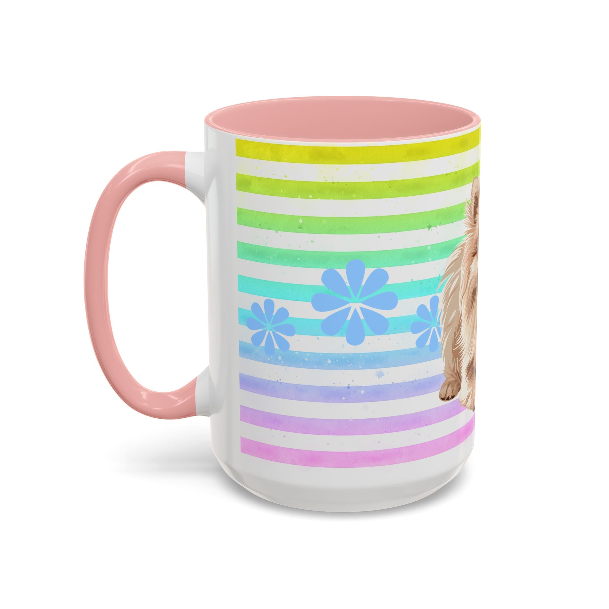 Pomeranian Dog Coffee Mug — Cute Fluffy Pup on Rainbow Stripes (Accent Mug 11/15oz)