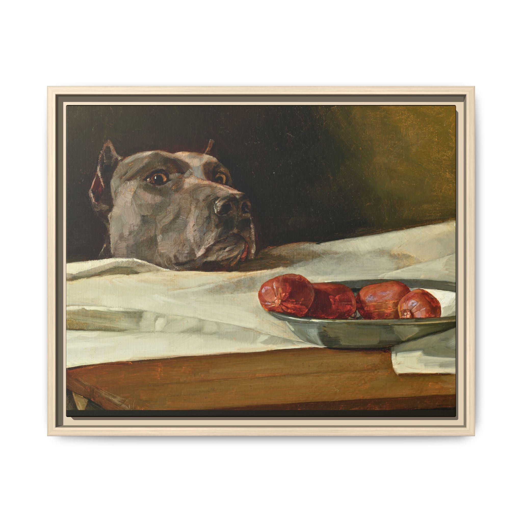 Framed Matte Canvas Print — Great Dane Dog & The Sausage Still Life Wall Art