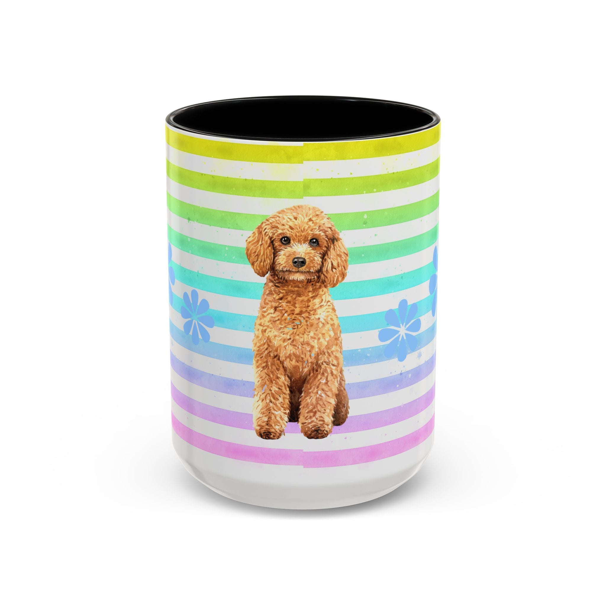 Apricot Poodle Coffee Mug — Cute Fluffy Pup on Rainbow Stripes (Accent Mug 11/15oz)