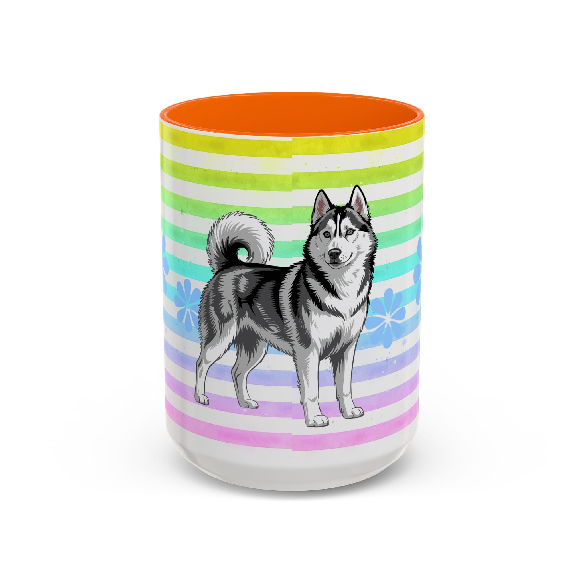 Siberian Husky Coffee Mug — Cute Black & Husky Pup on Rainbow Stripes (Accent Mug 11/15oz)