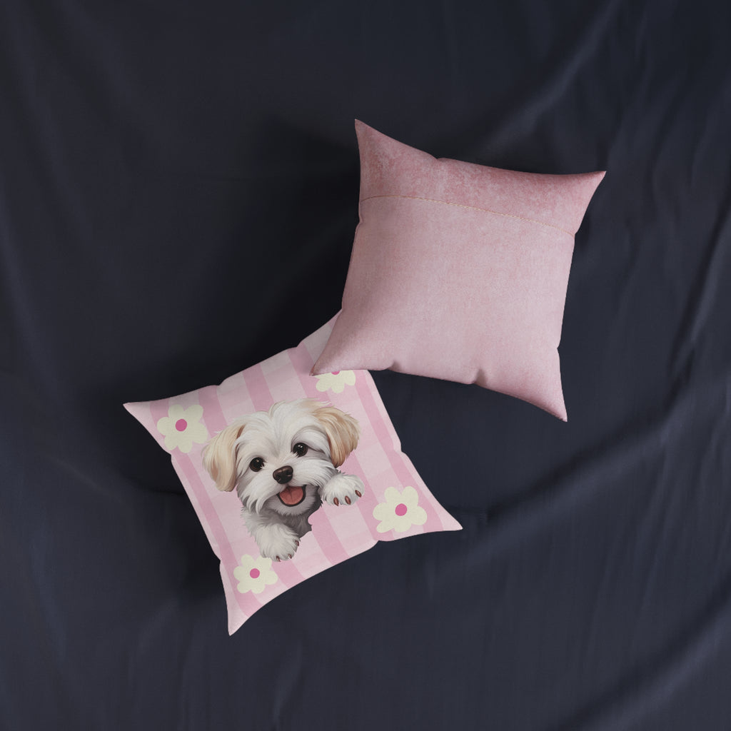 Maltese Dog Throw Pillow — Floral Pink Faux Suede | Dog Lover Home Decor