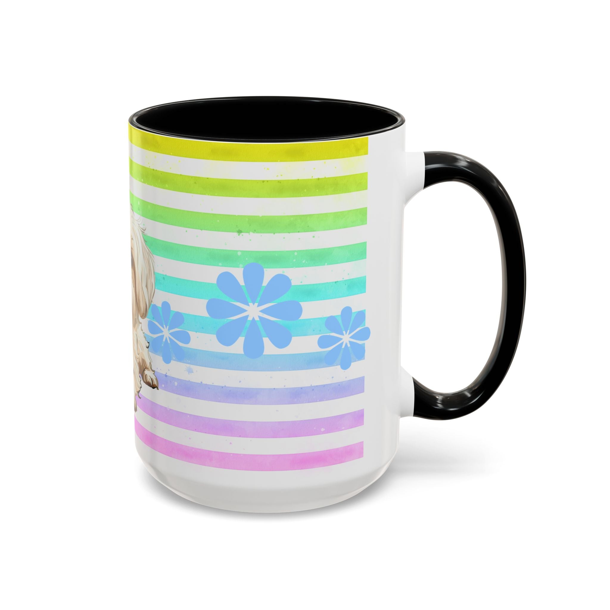 Maltese Dog Coffee Mug — Cute White Pup on Rainbow Stripes