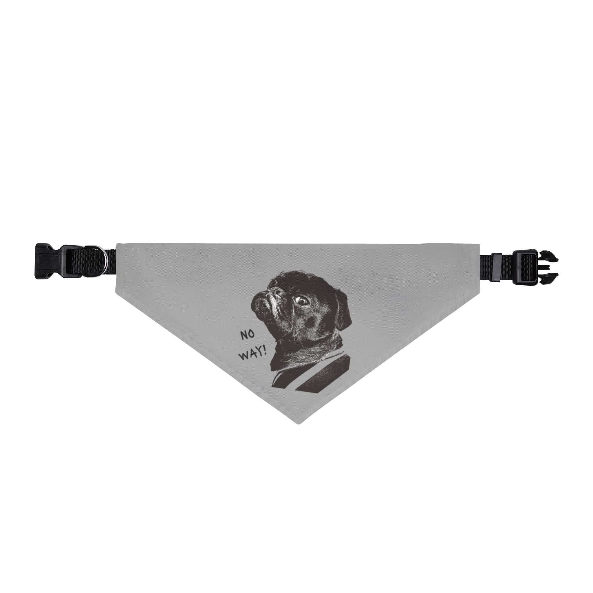 Clip-On Pet Bandana — Cute Black Pug Portrait "NO WAY!" Dog Collar Accessory