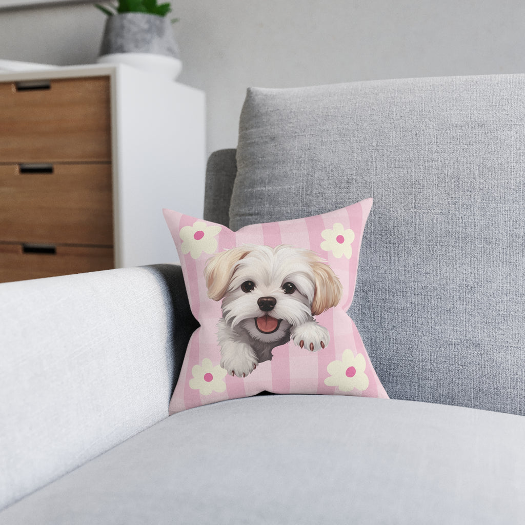 Maltese Dog Throw Pillow — Floral Pink Faux Suede | Dog Lover Home Decor