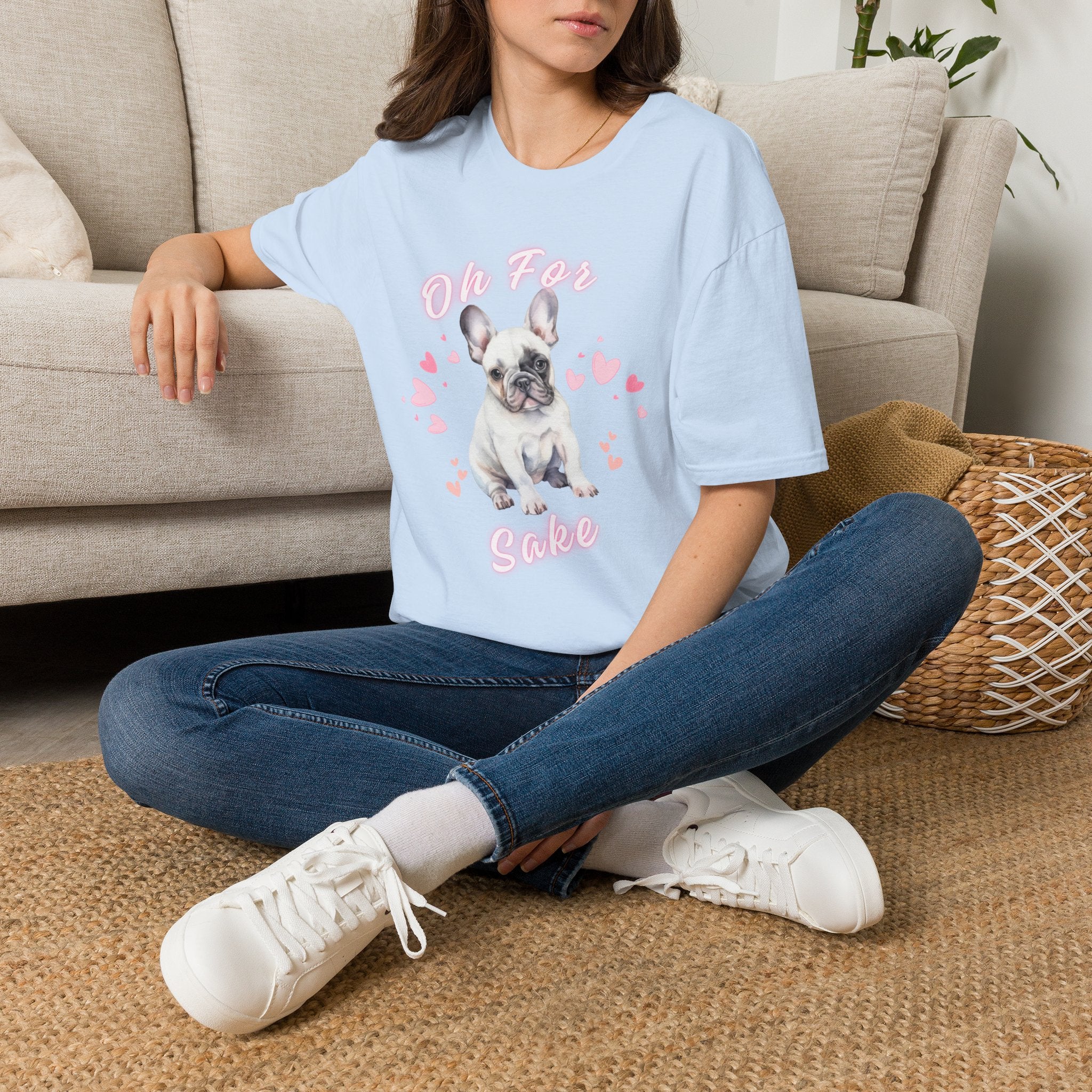Cute French Bulldog T‑Shirt — "Oh For Frenchies Sake" Pink Heart Puppy Tee