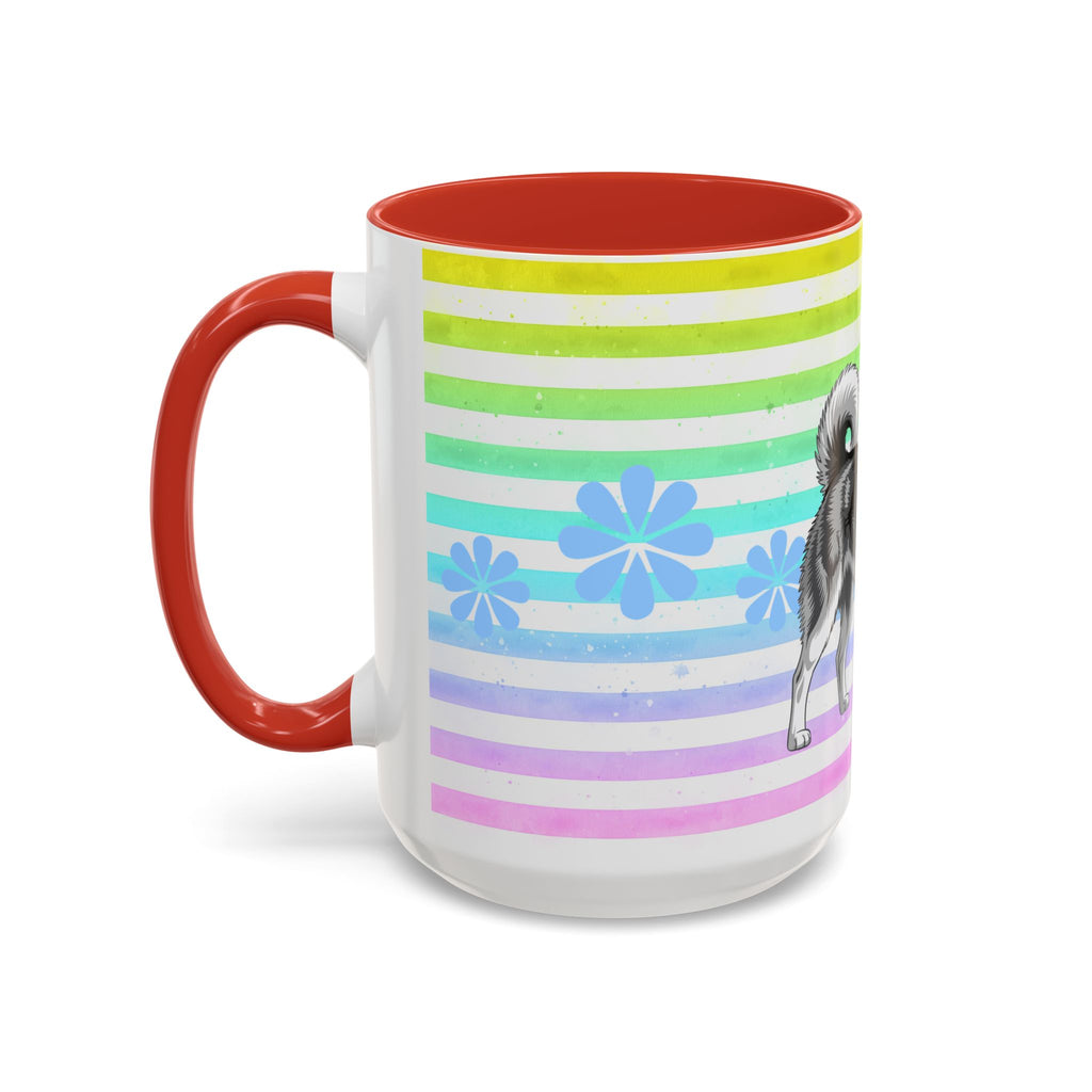 Siberian Husky Coffee Mug — Cute Black & Husky Pup on Rainbow Stripes (Accent Mug 11/15oz)