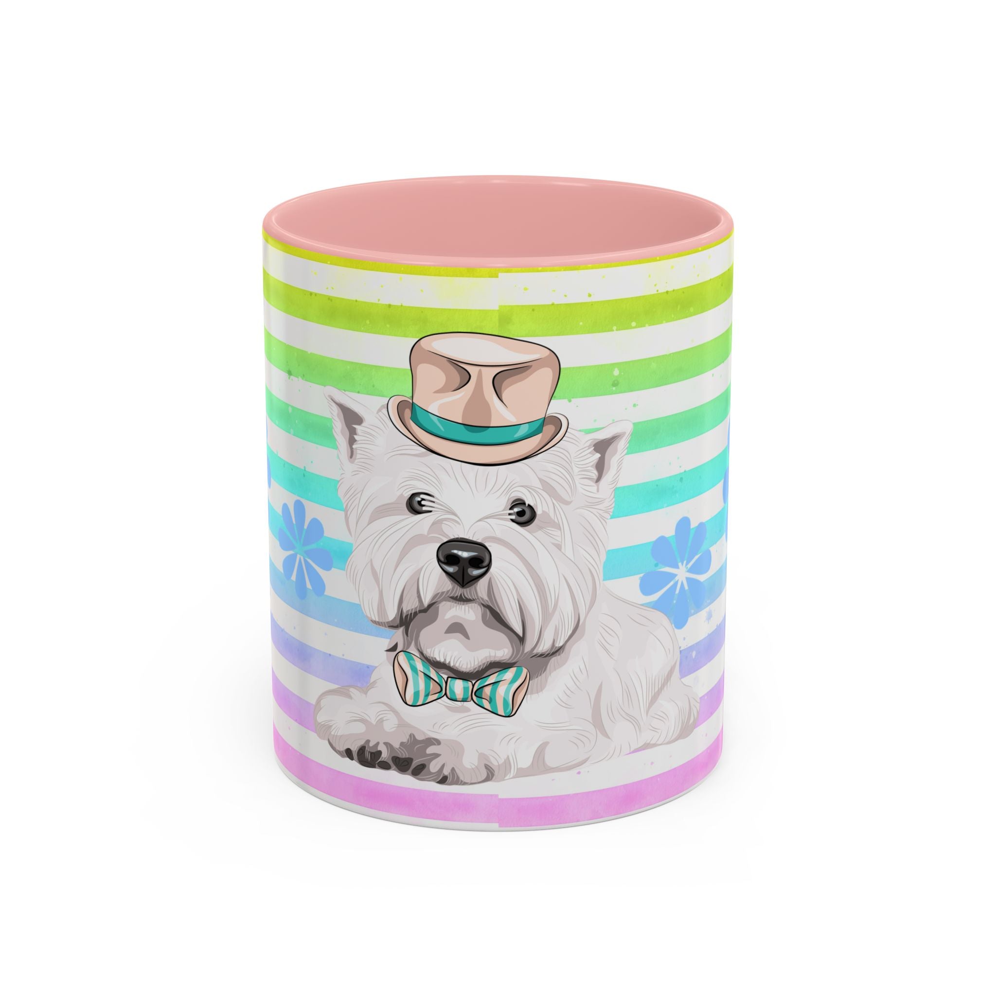 West Highland Terrier Coffee Mug — Cute White Pup on Rainbow Stripes (Accent Mug 11/15oz)
