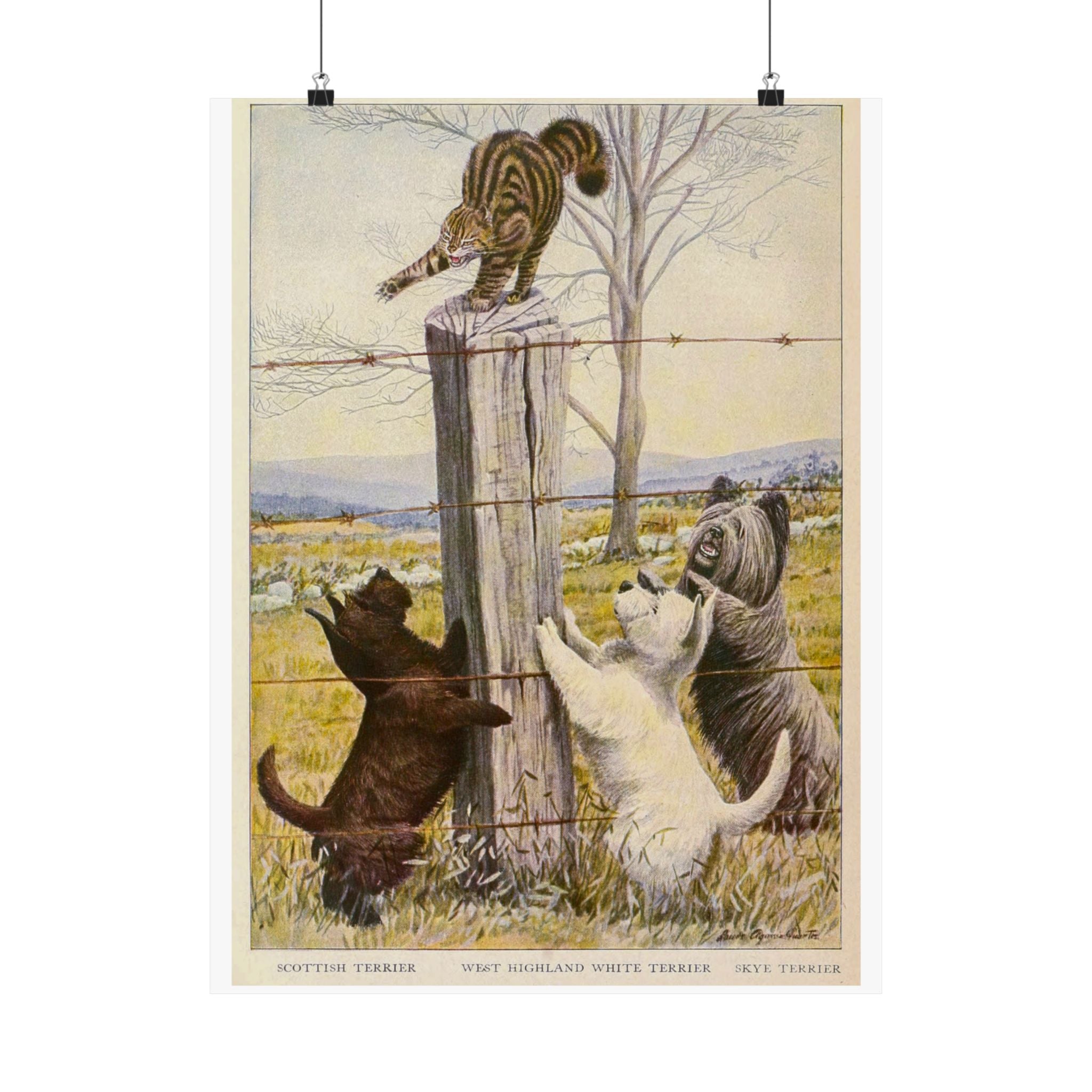 Vintage Terriers and Cat Poster — Matte Vertical Wall Art