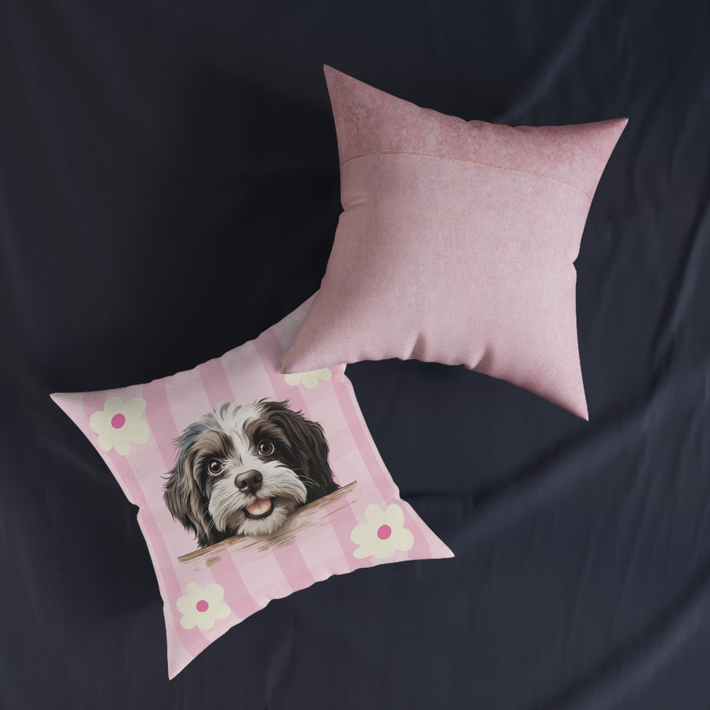 Havanese Dog Throw Pillow — Floral Pink Faux Suede | Dog Lover Home Decor
