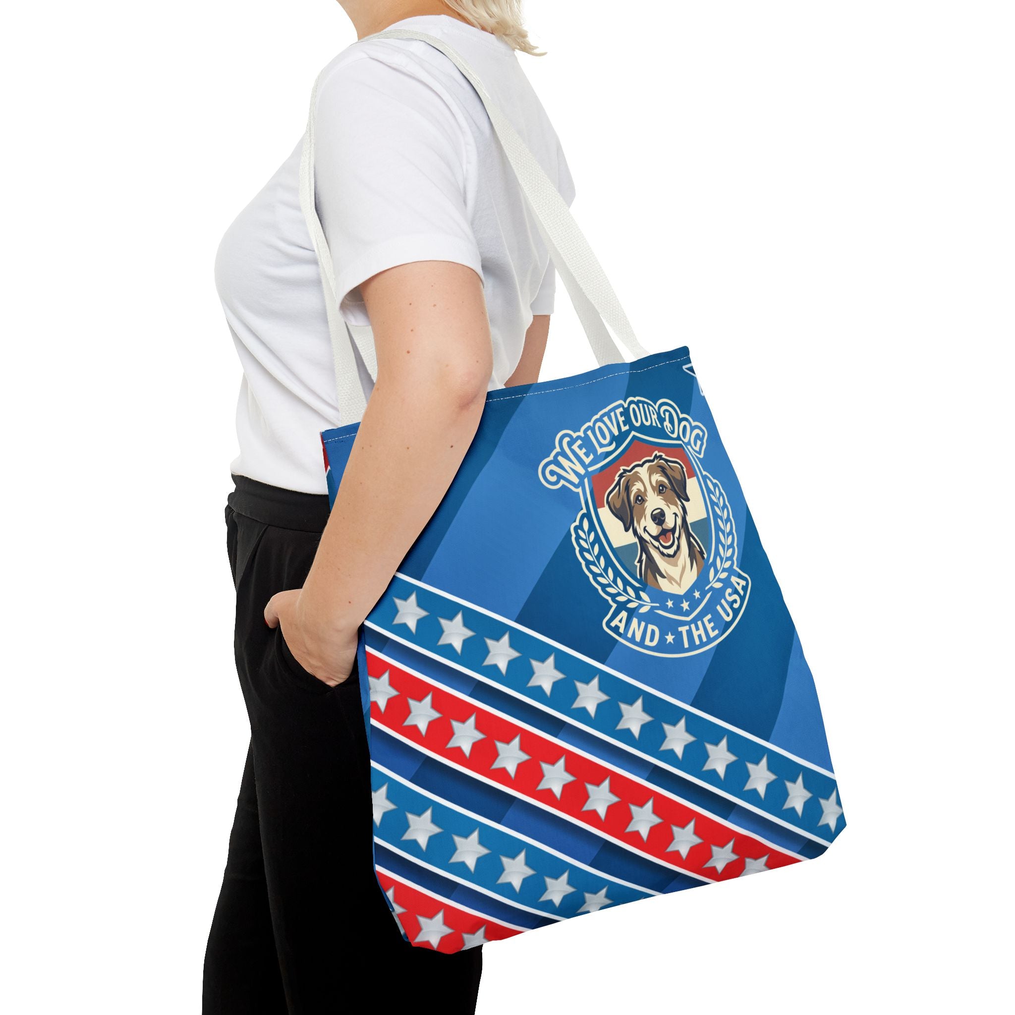 Patriotic Dog Tote Bag — "We Love Our Dog and the USA" AOP Tote