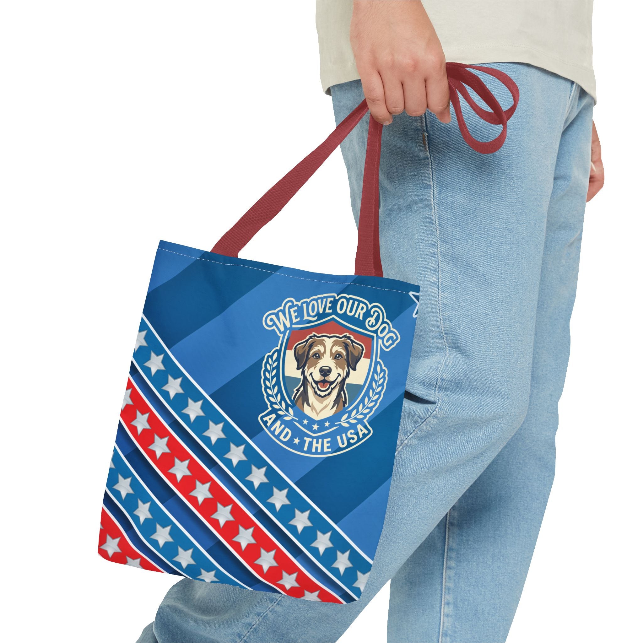 Patriotic Dog Tote Bag — "We Love Our Dog and the USA" AOP Tote