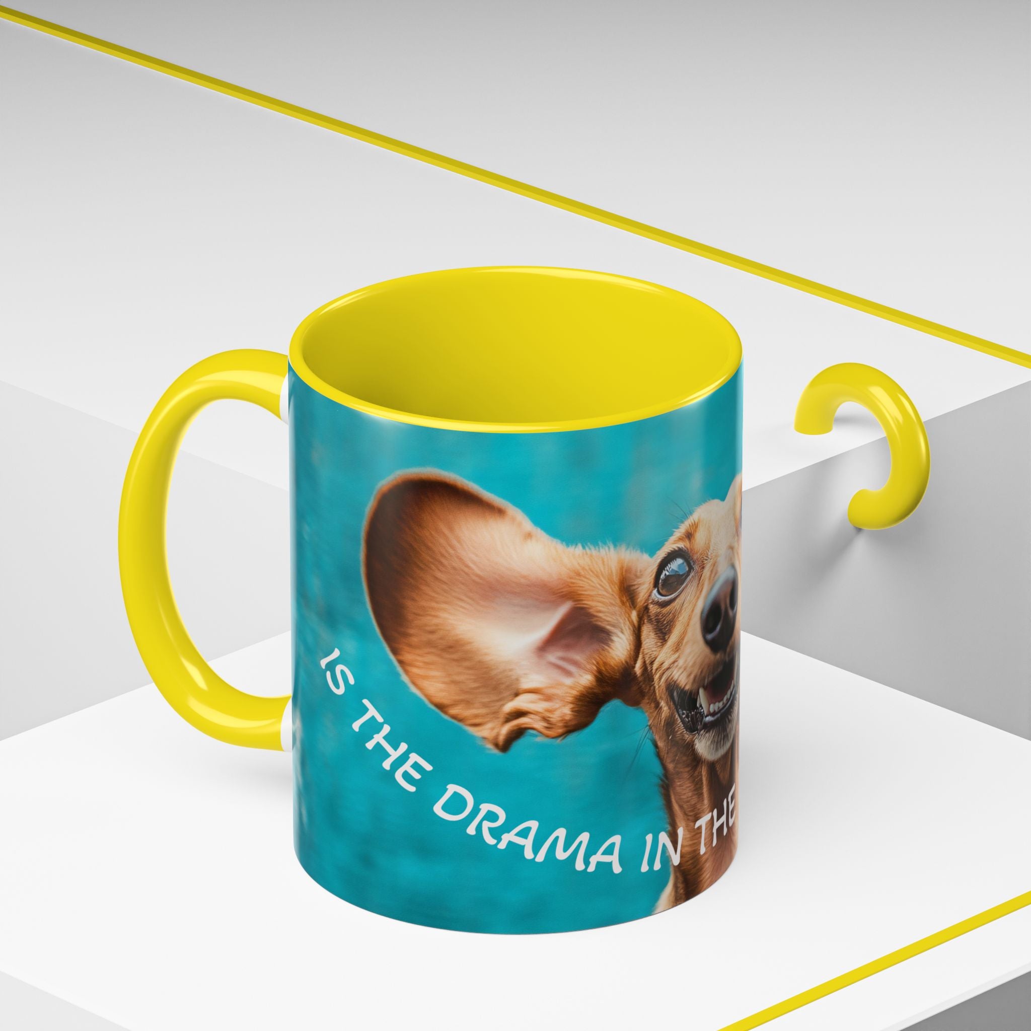 Happy Dachshund Coffee Mug – "Is the Drama in the Room with Us?" Accent Mug