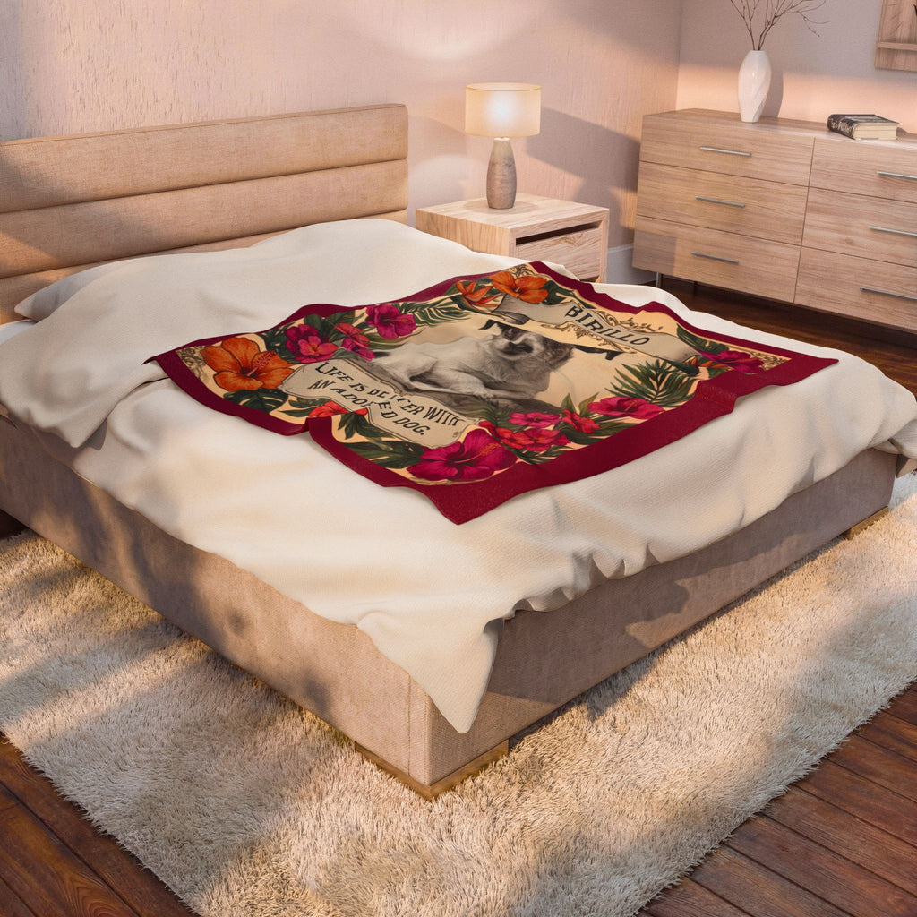 Personalized Dog Portrait Blanket — Hibiscus Floral & Adopted Dog | Custom Name & Photo