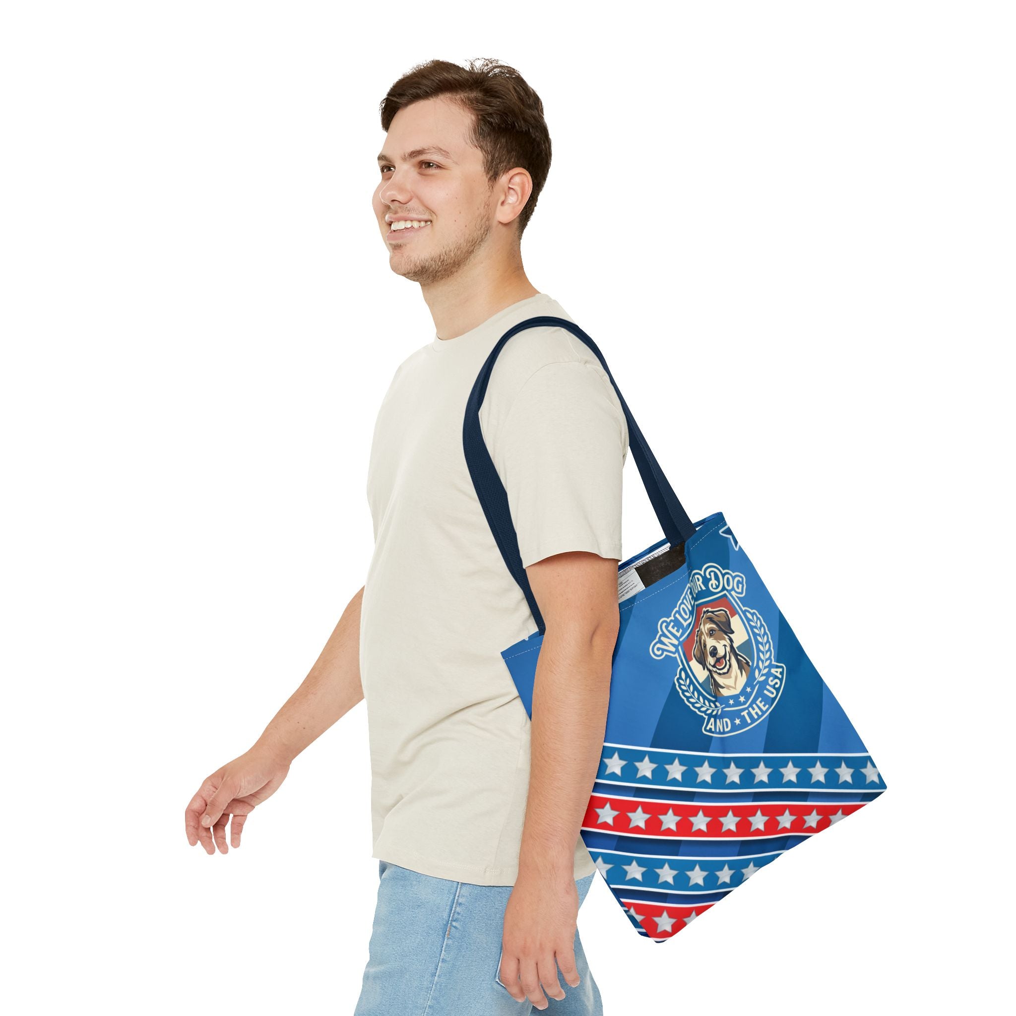 Patriotic Dog Tote Bag — "We Love Our Dog and the USA" AOP Tote