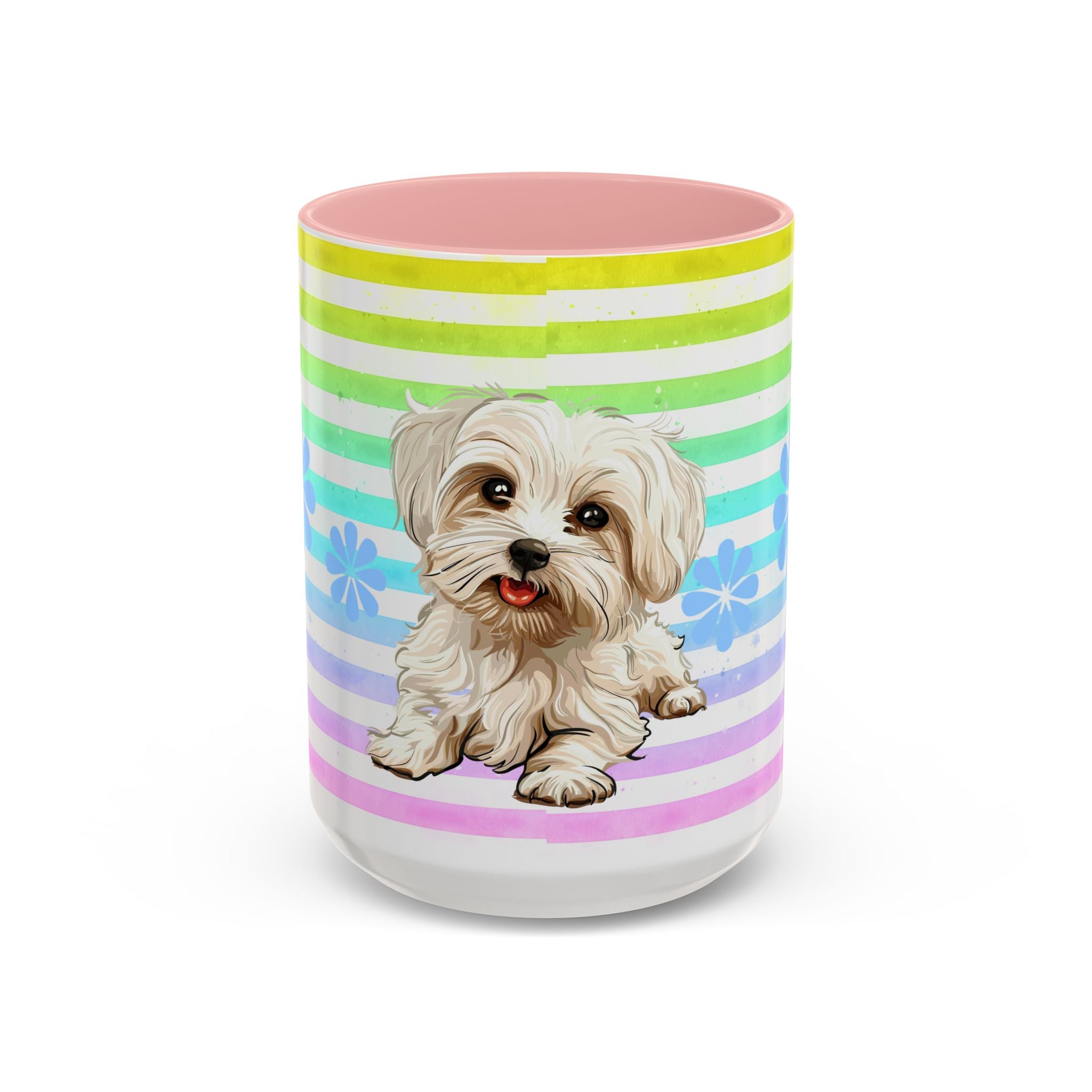 Maltese Dog Coffee Mug — Cute White Pup on Rainbow Stripes
