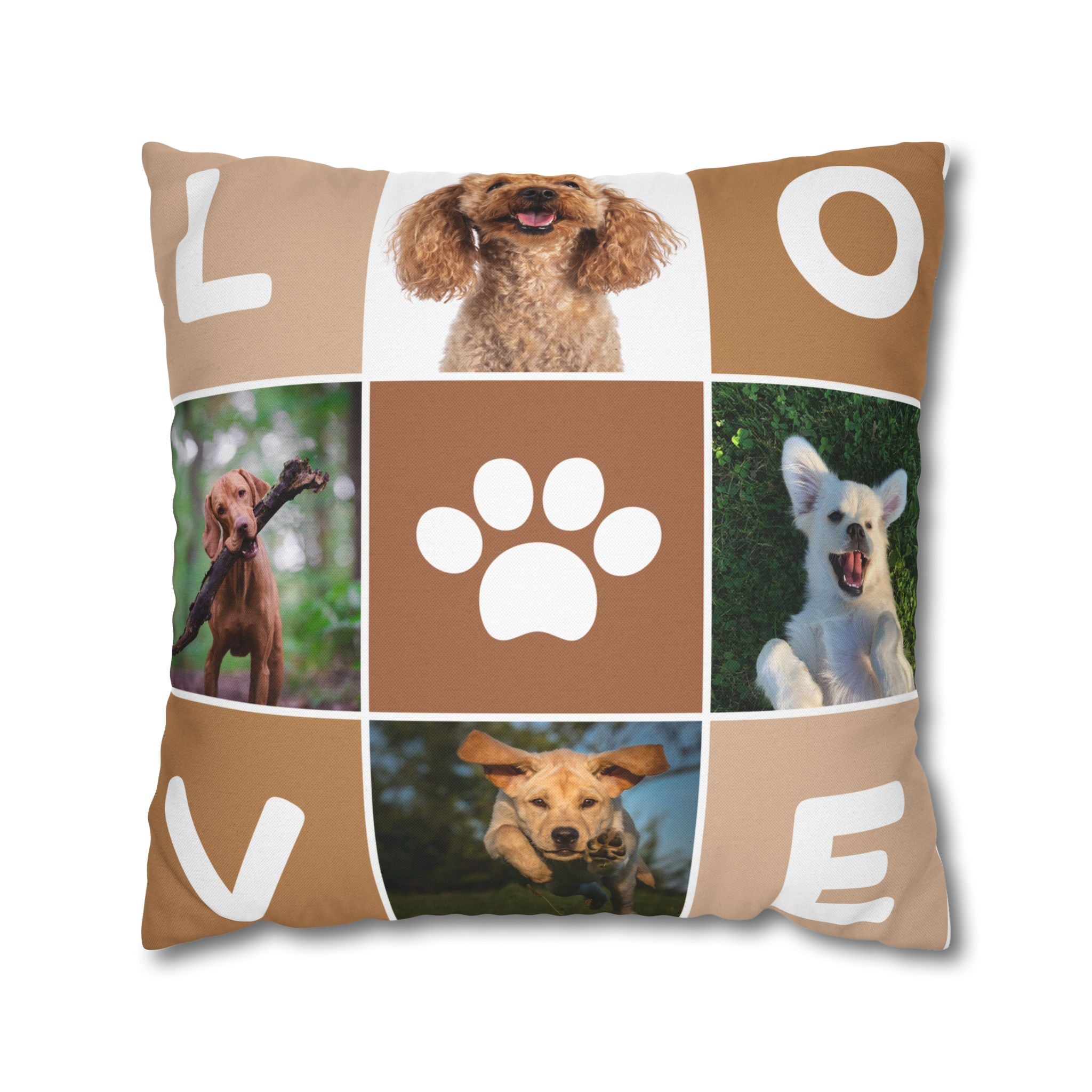 Dog Photo Collage Square Pillow — "LOVE" Paw Print Decorative Pillowcase