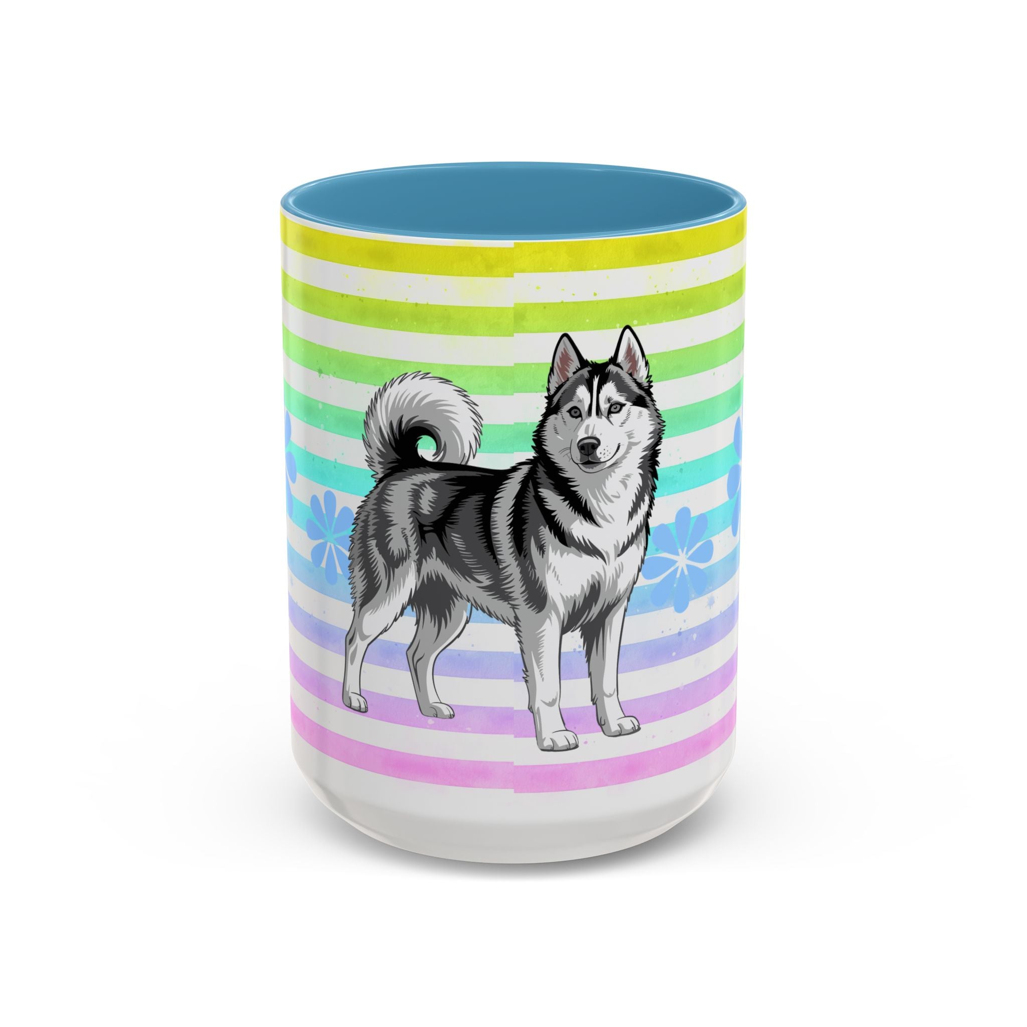 Siberian Husky Coffee Mug — Cute Black & Husky Pup on Rainbow Stripes (Accent Mug 11/15oz)