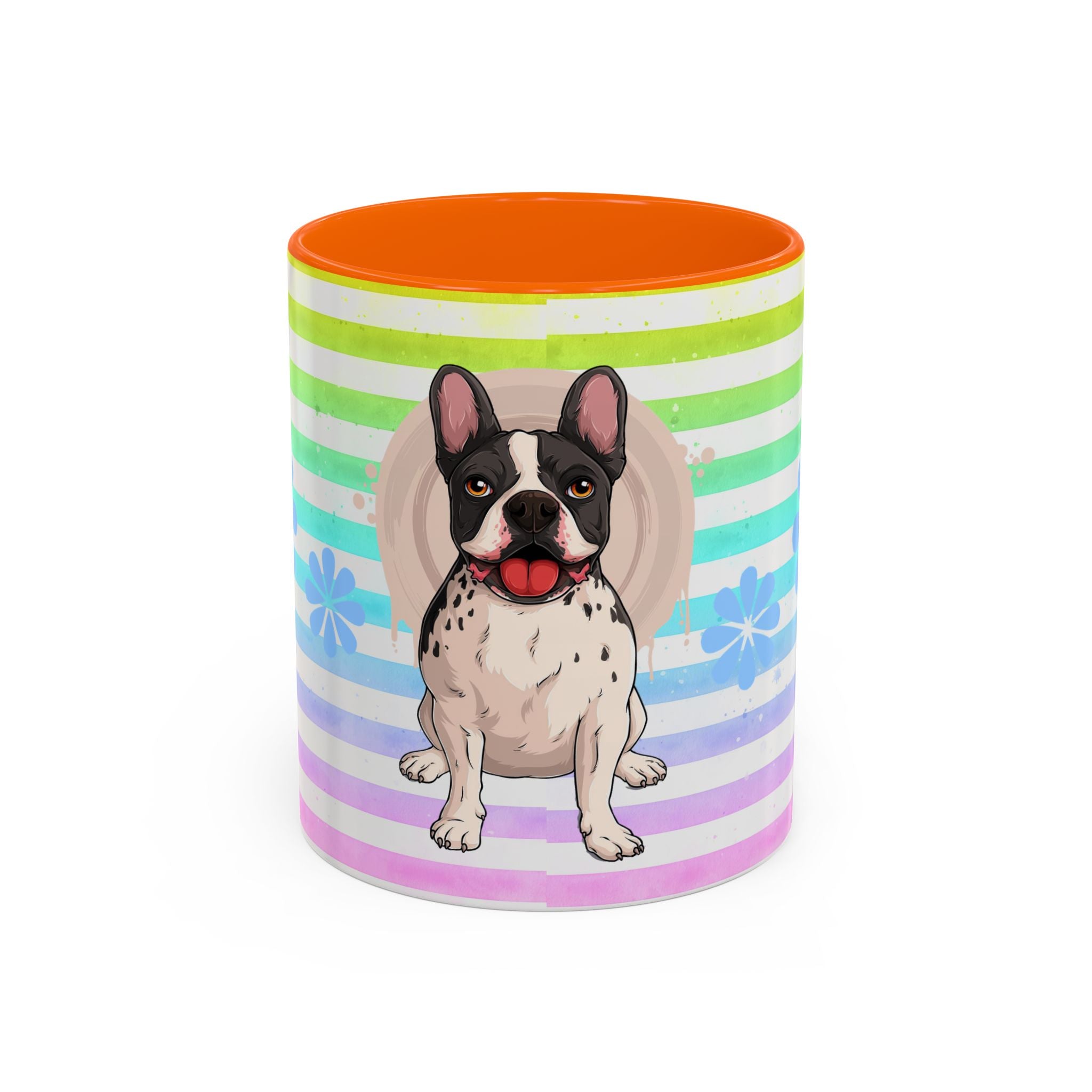 French Bulldog Coffee Mug — Cute Black & White Pup on Rainbow Stripes (Accent Mug 11/15oz)