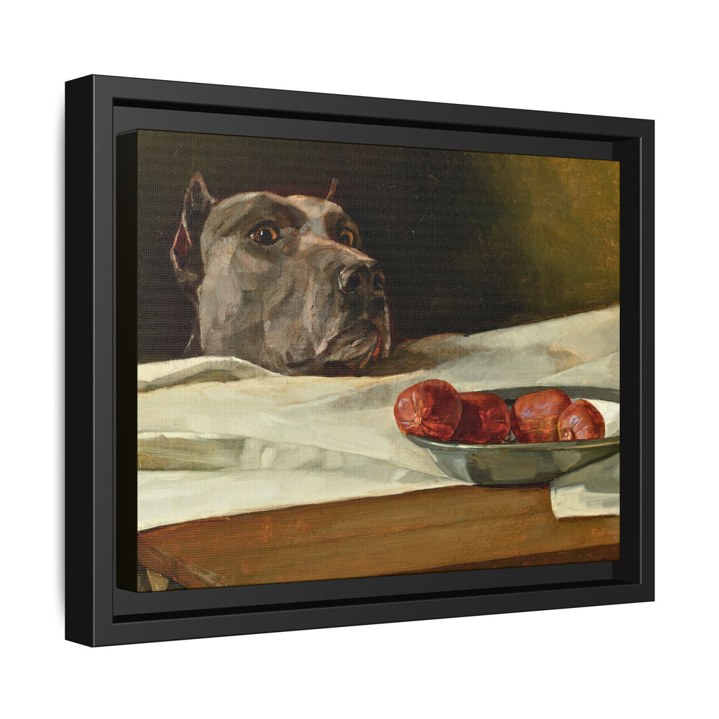 Framed Matte Canvas Print — Great Dane Dog & The Sausage Still Life Wall Art