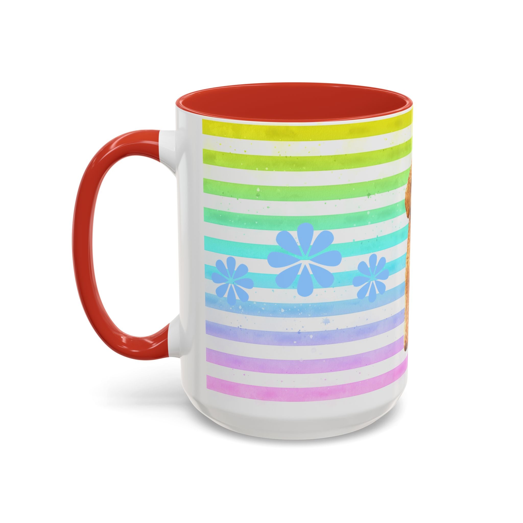Apricot Poodle Coffee Mug — Cute Fluffy Pup on Rainbow Stripes (Accent Mug 11/15oz)
