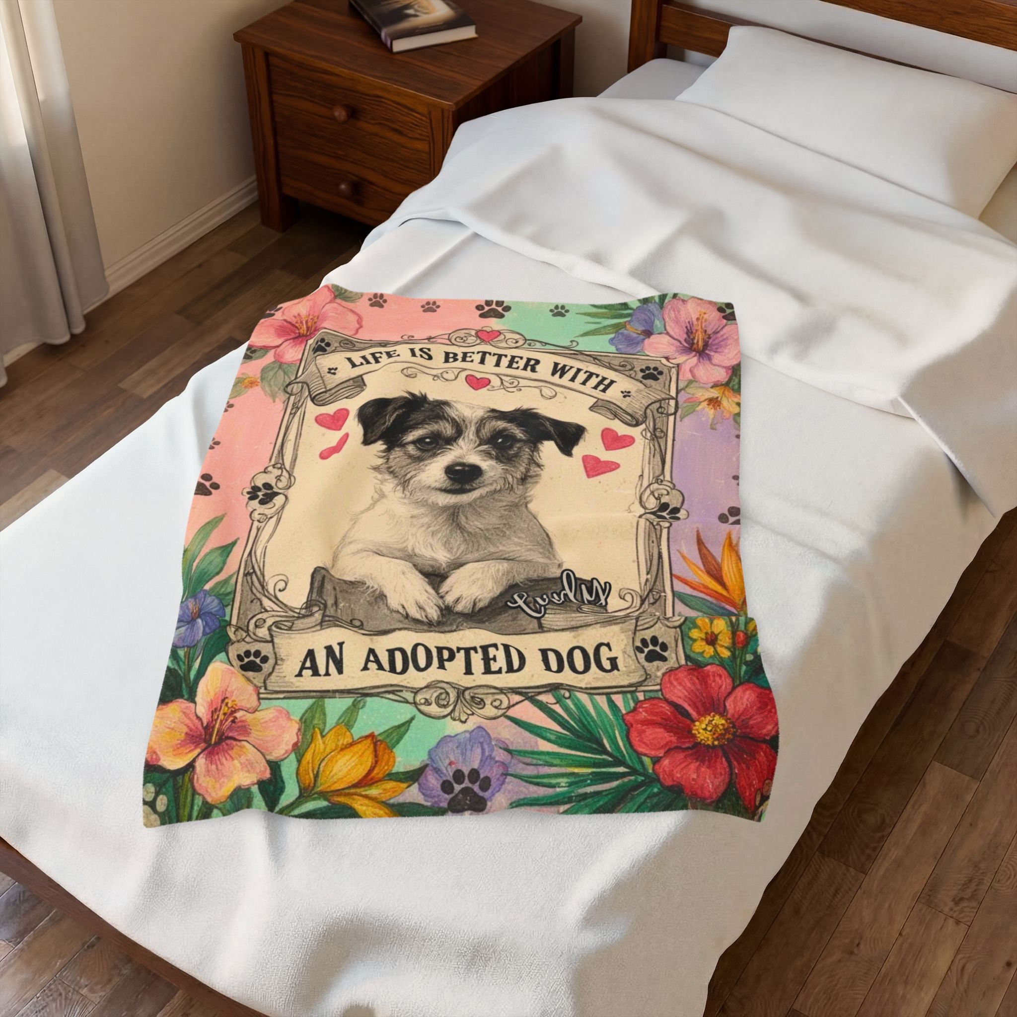 Personalized Dog Portrait Blanket — Pastel Floral & Adopted Dog | Custom Name & Photo