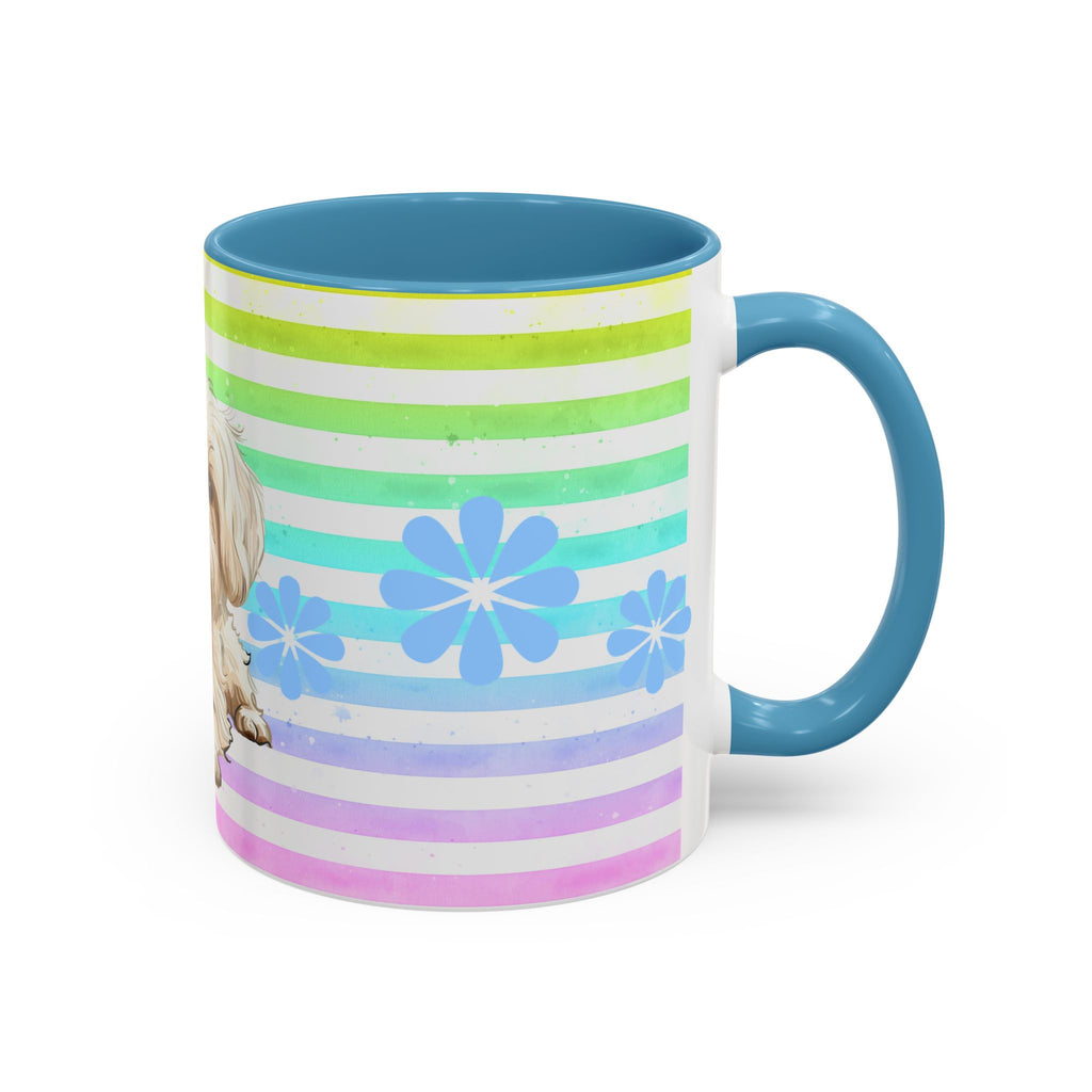 Maltese Dog Coffee Mug — Cute White Pup on Rainbow Stripes